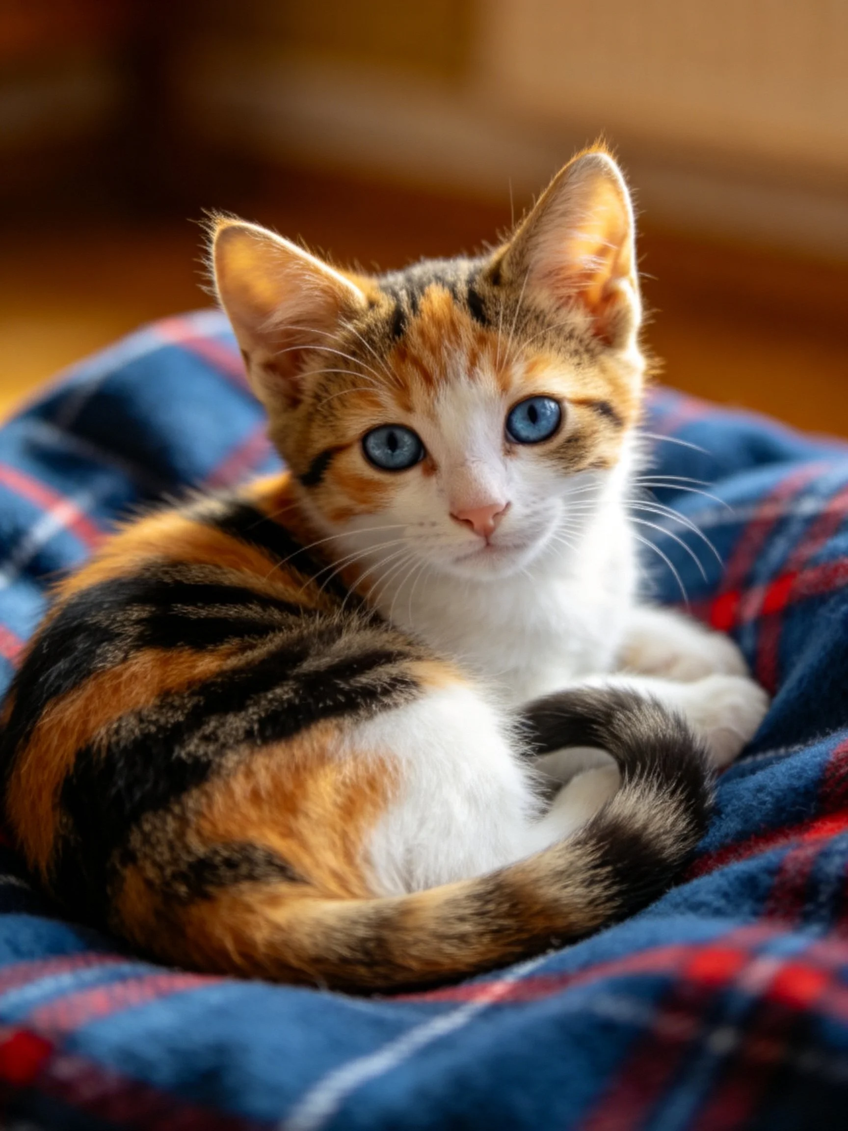 A calico kitten with blue eyes rests on a plaid blanket.