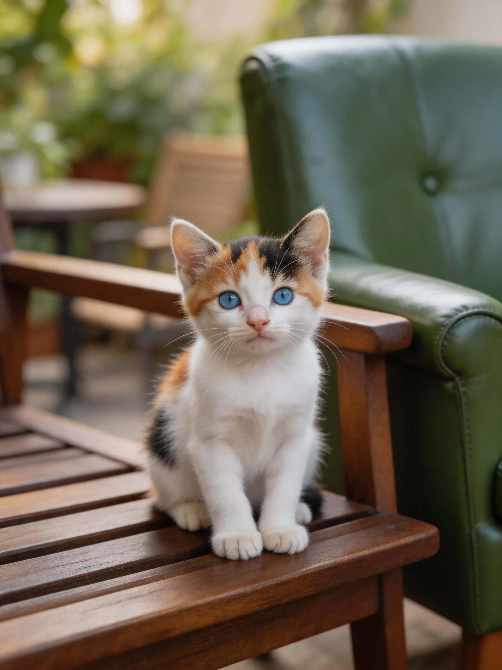 A calico kitten with blue eyes sits on a wooden bench beside a green leather chair.