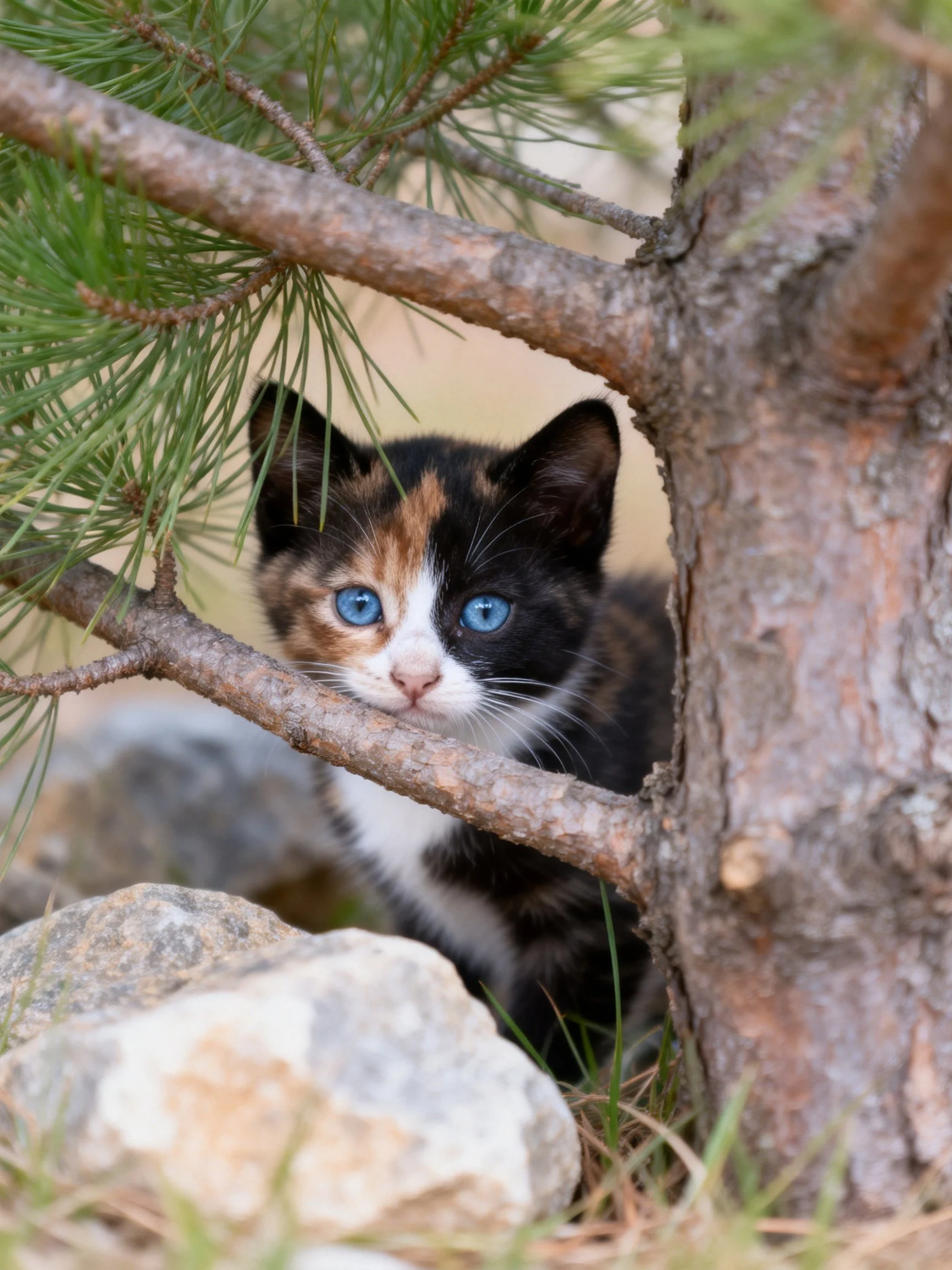 A calico kitten with blue eyes peeks from behind pine branches in a natural setting.