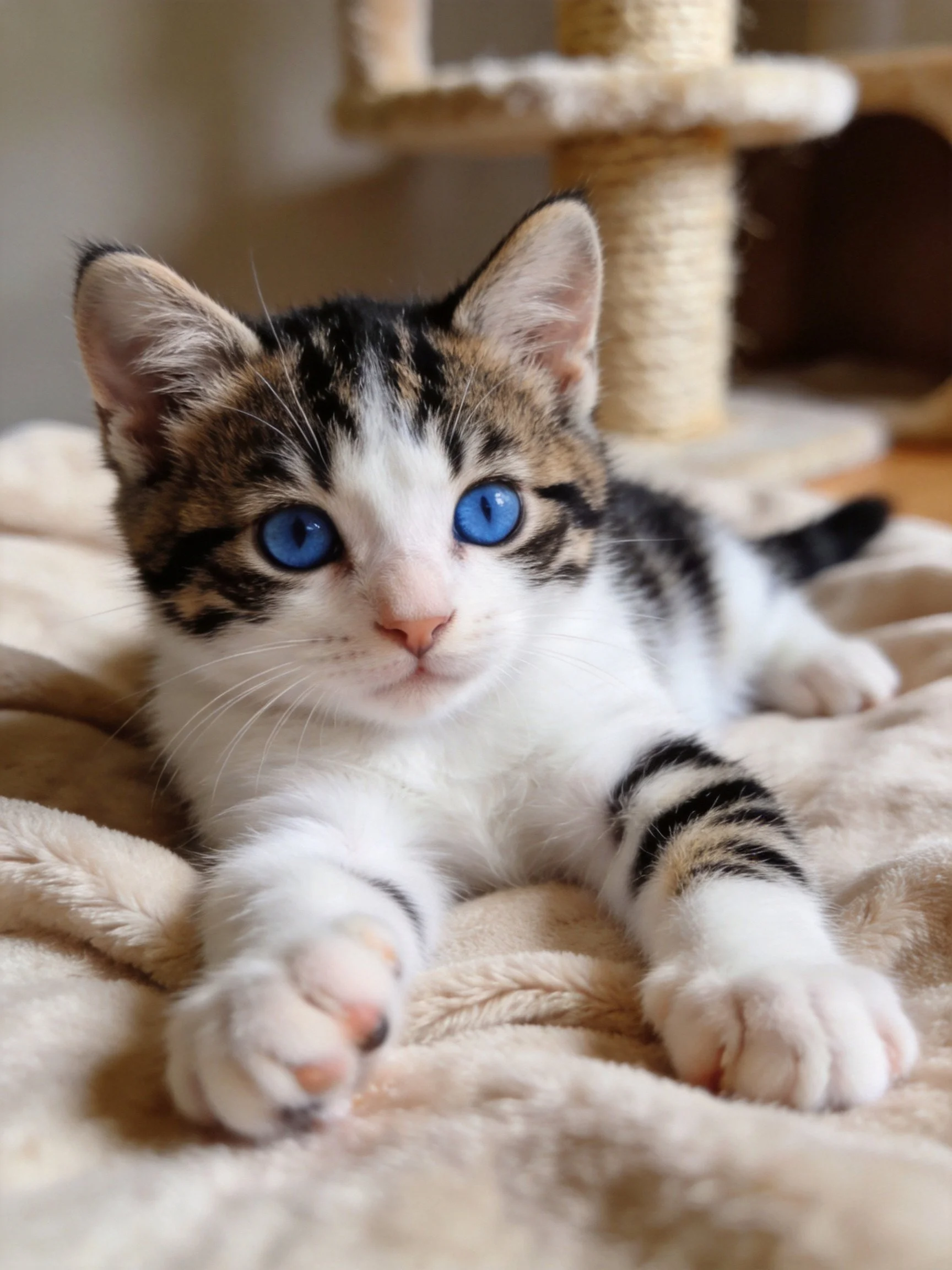 A calico kitten with bright blue eyes relaxes on a soft blanket near a cat tree