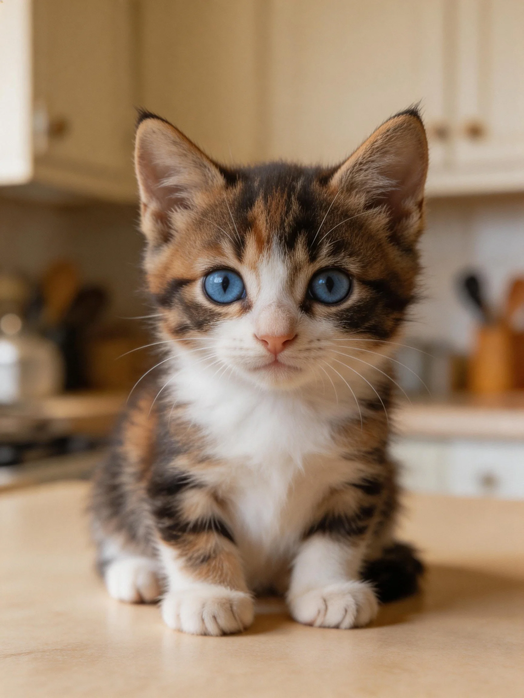 A small calico kitten with bright blue eyes rests in a home kitchen.