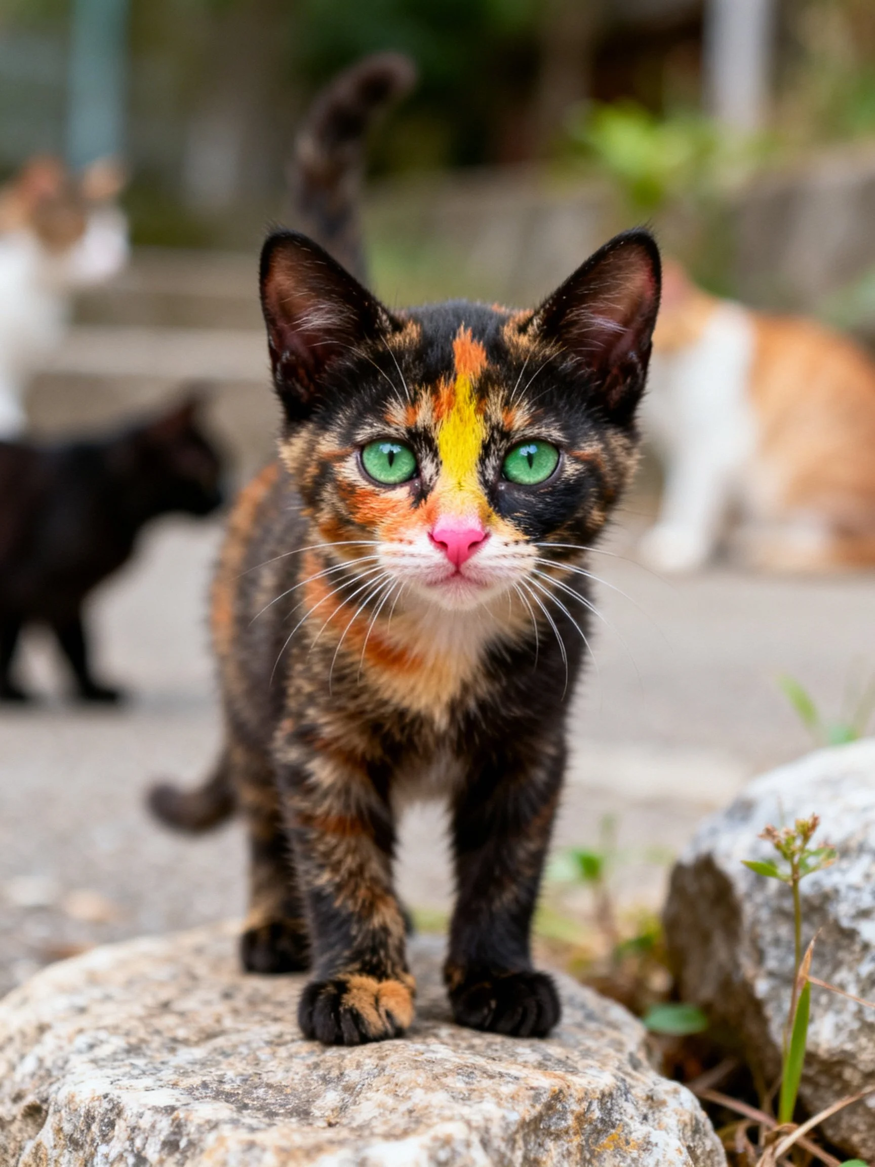 A calico kitten with green eyes stands on a stone among other cats