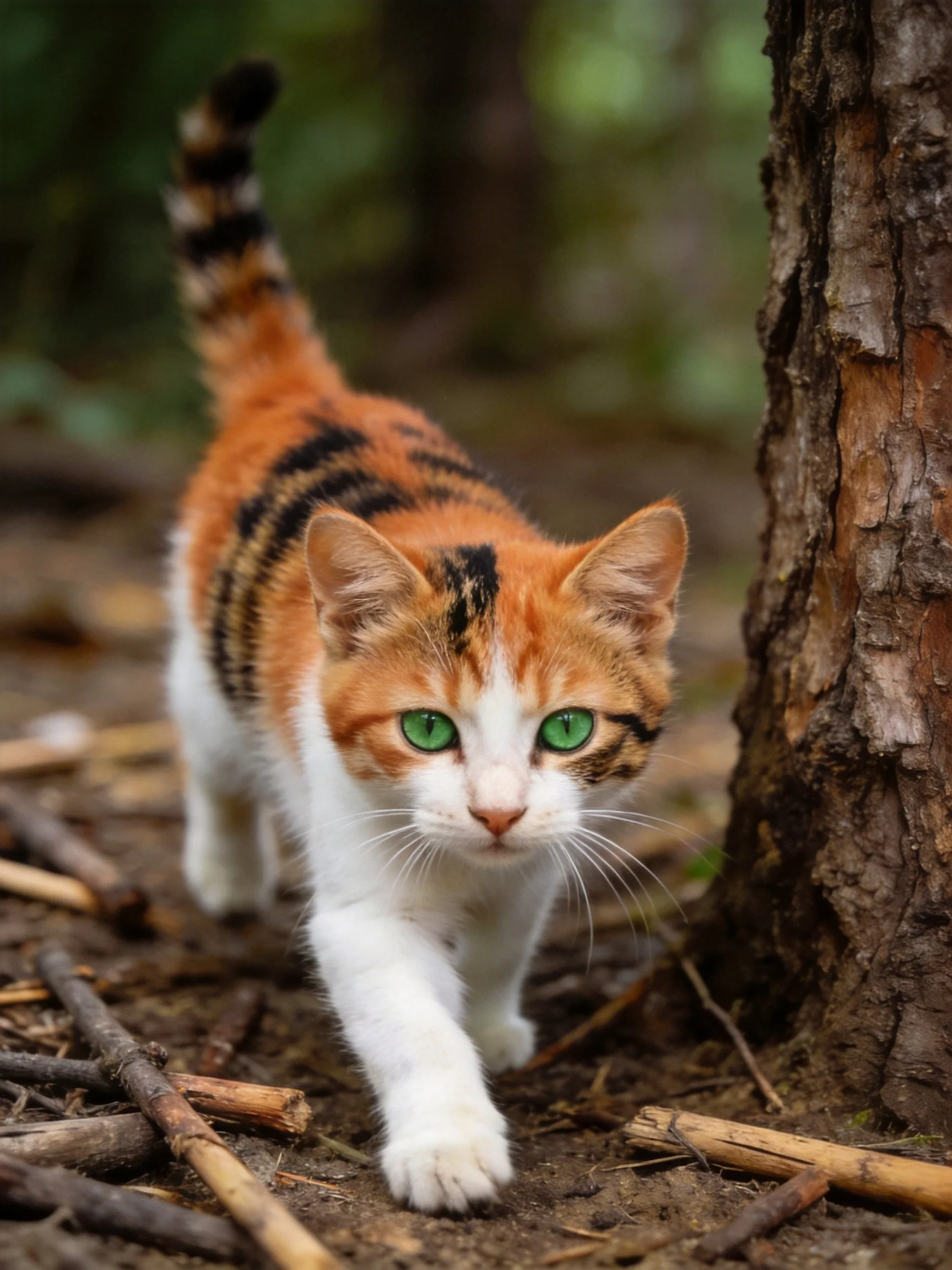 A calico kitten with green eyes approaches a tree trunk in a wooded setting