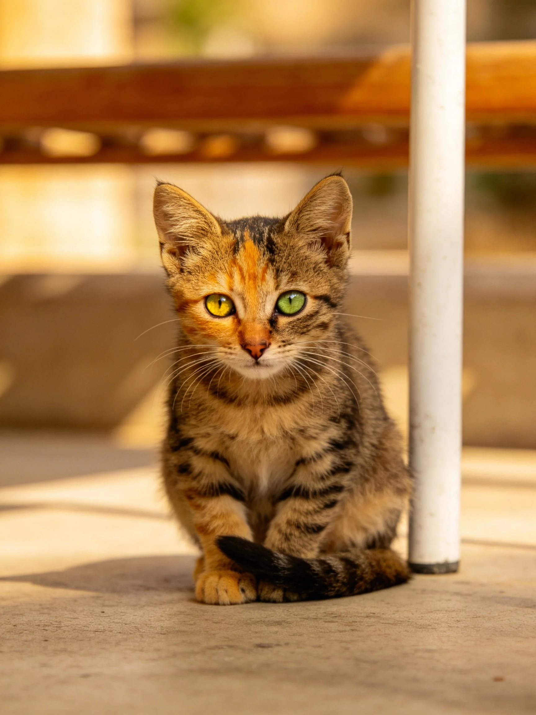 A calico kitten with heterochromatic eyes sits near a white pole outdoors.