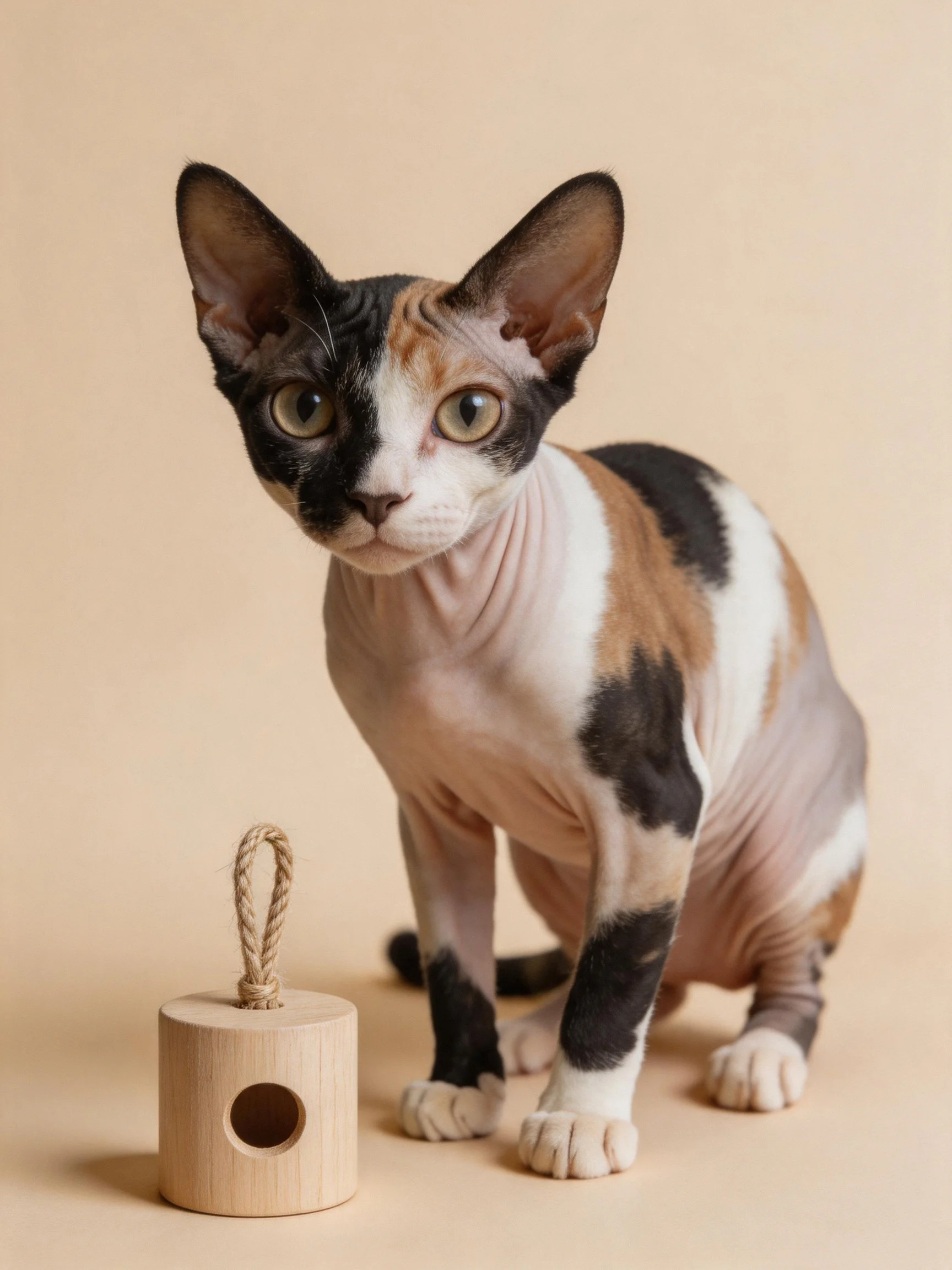 A calico-patterned Sphynx cat beside a wooden rope toy
