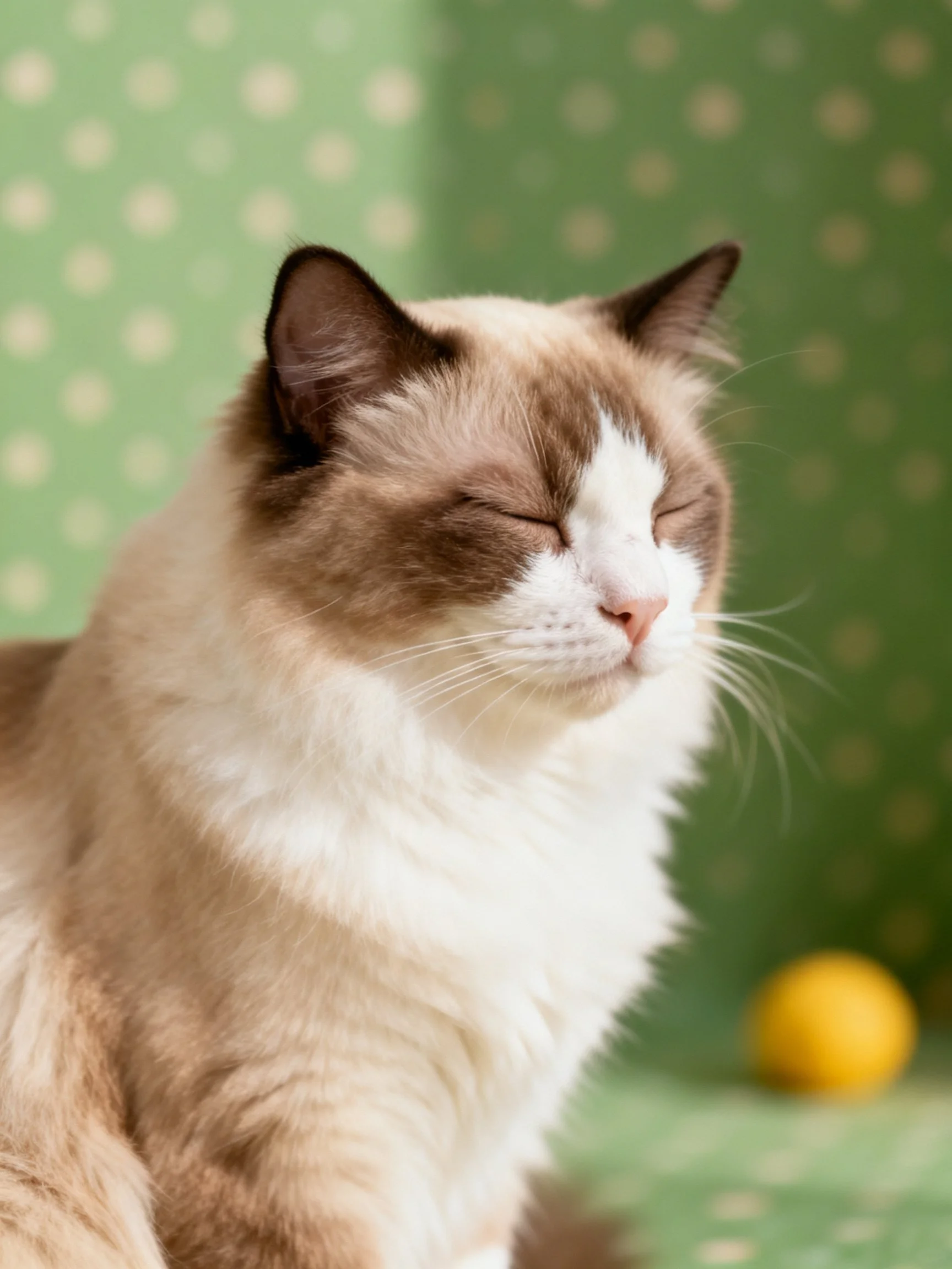 A calm brown and white cat near a yellow ball on green dotted fabric