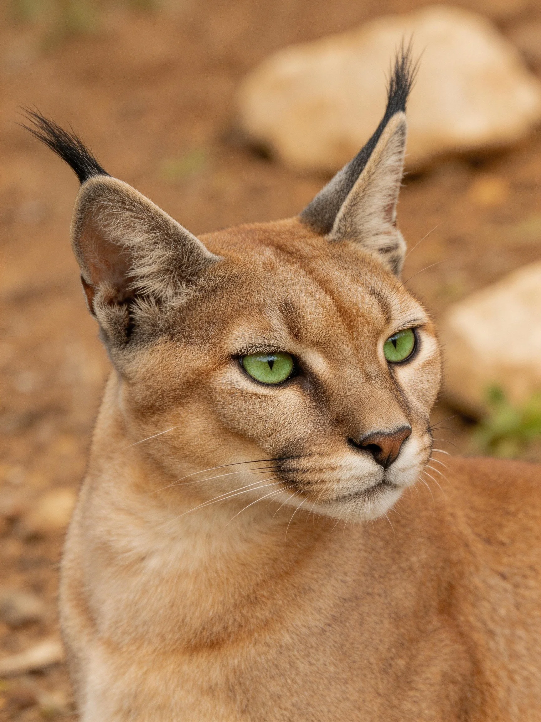 A caracal with black ear tufts and green eyes in earthy terrain