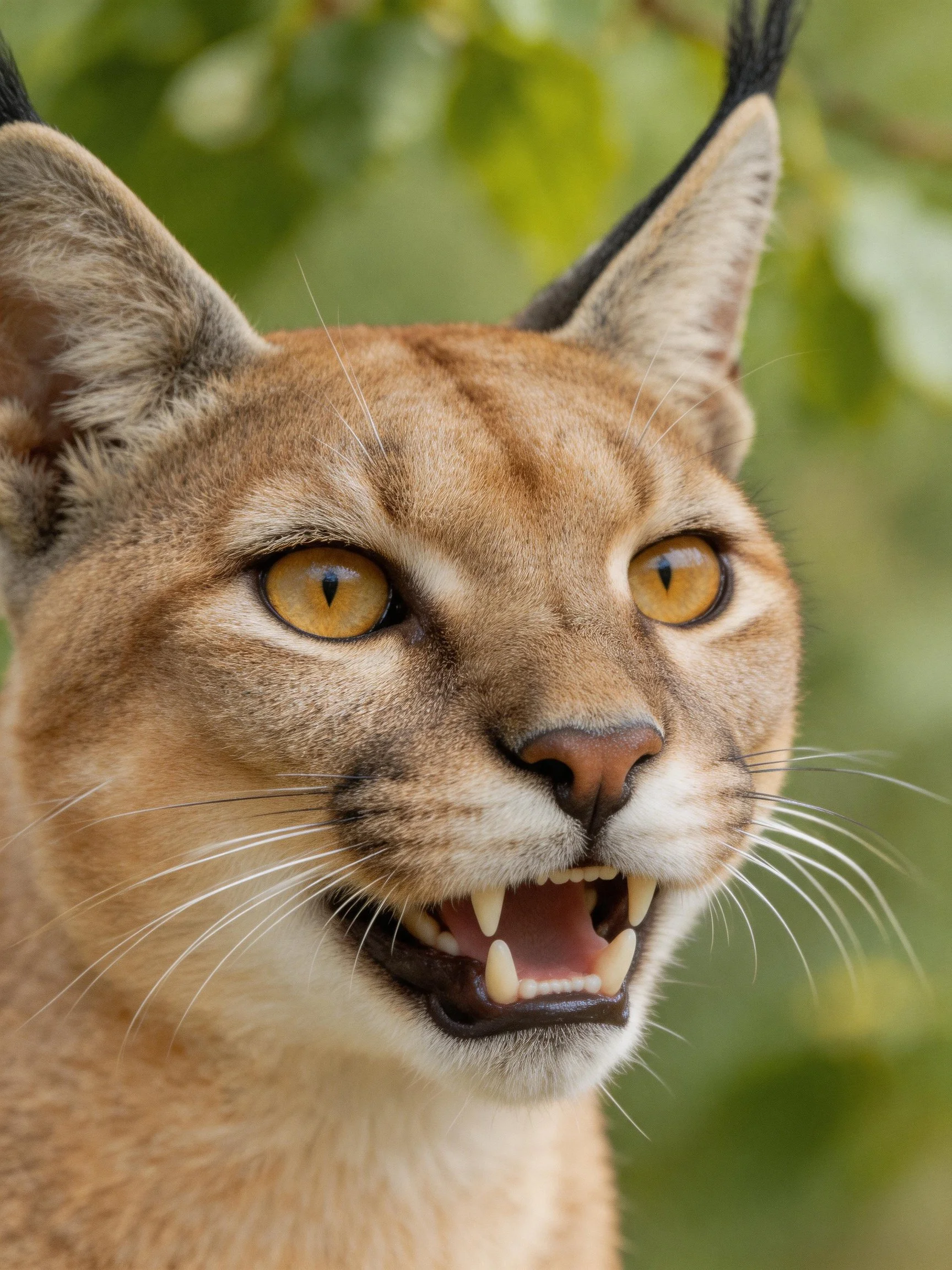 A caracal with black ear tufts and tawny fur