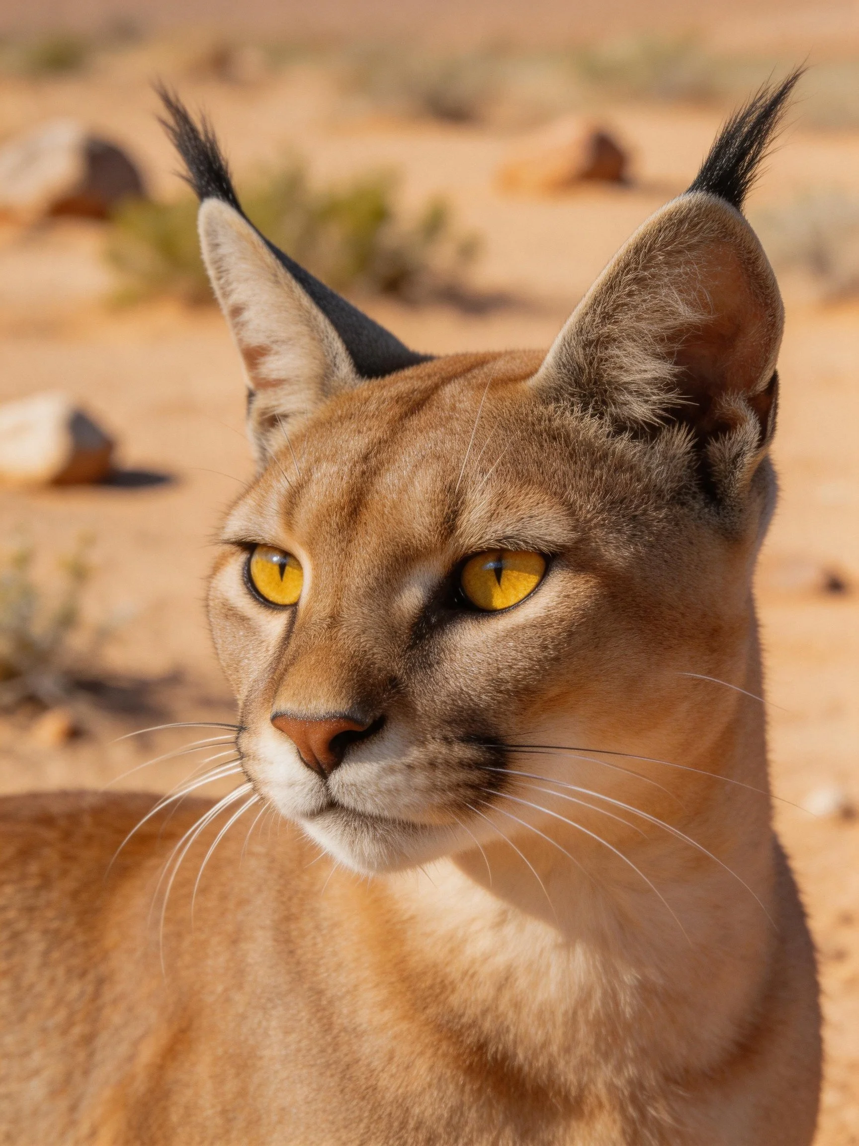 A caracal with black-tufted ears and golden eyes in a sandy landscape