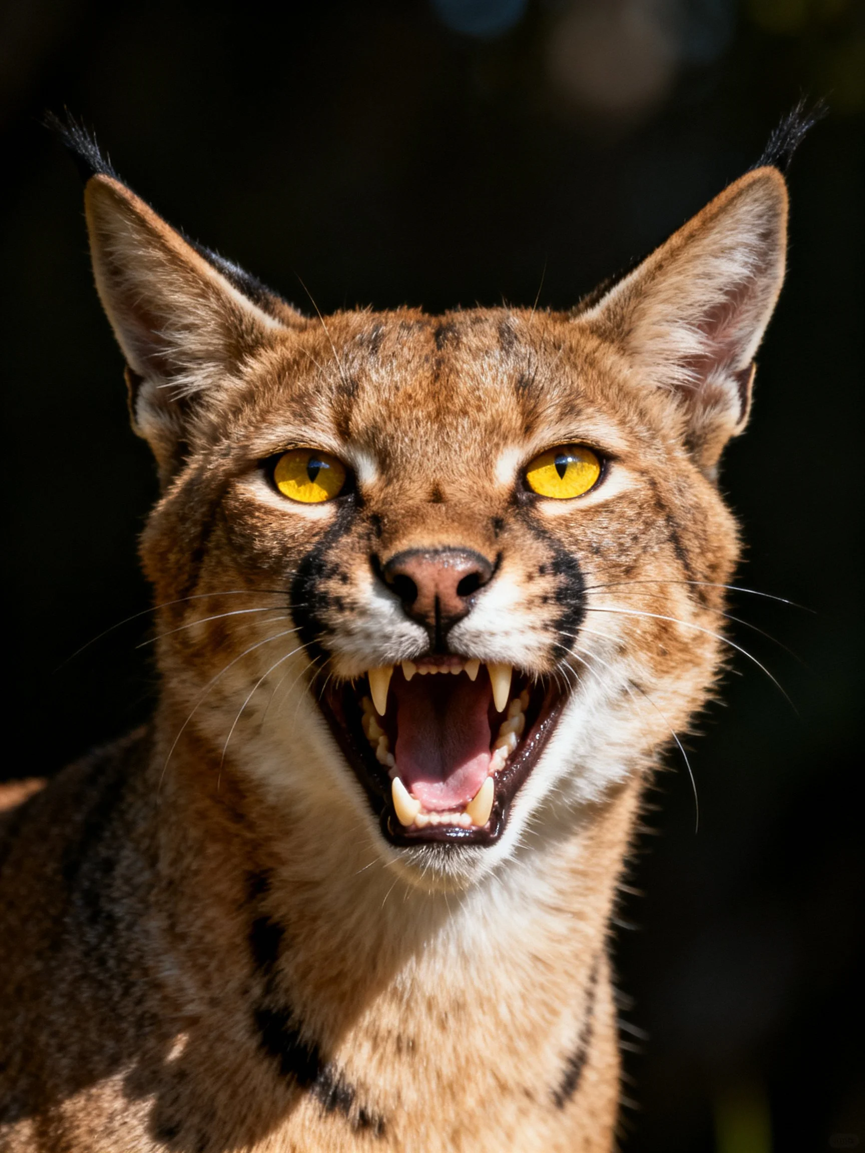 A caracal with bright yellow eyes and spotted brown fur