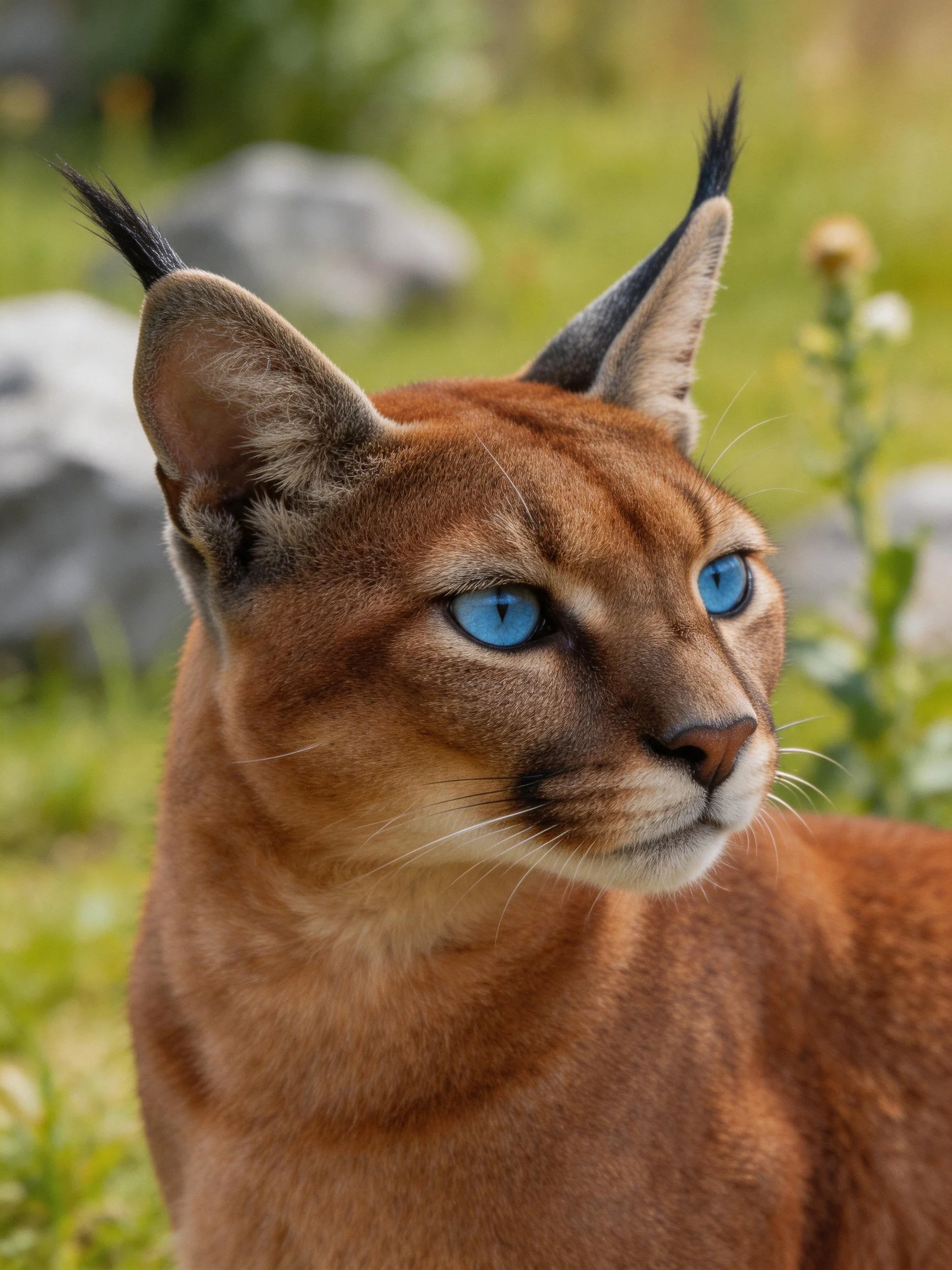 A caracal with vivid blue eyes and tufted ears in a grassy, rocky environment