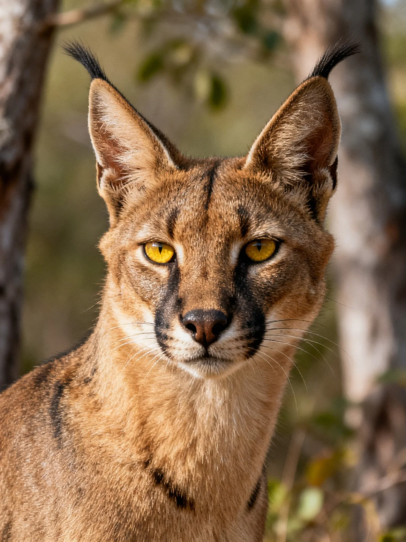 A caracal with yellow eyes and tufted ears in a wooded area