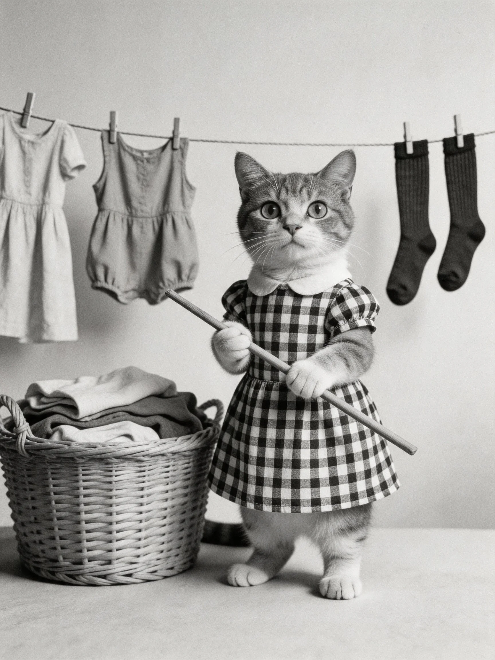 A cat in a checkered dress holds a stick near laundry items