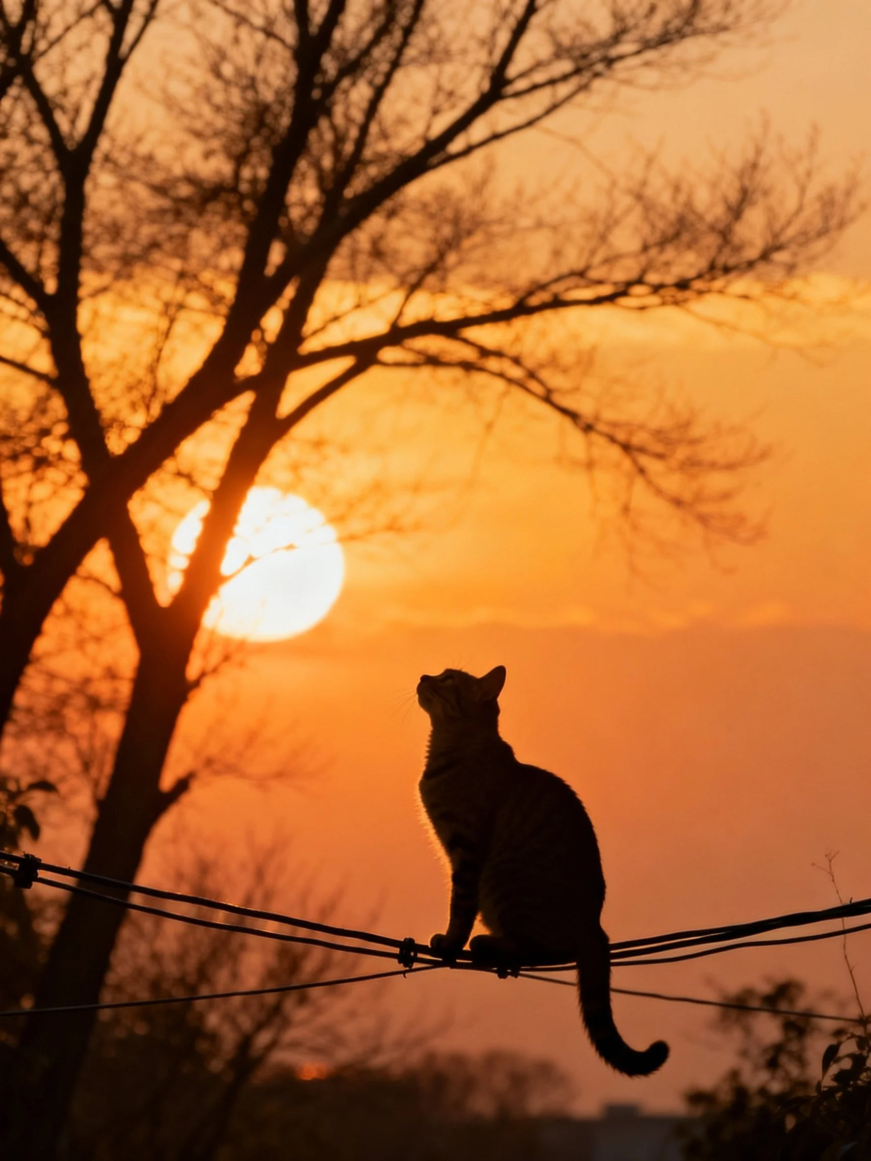 A cat silhouetted on wires amid a golden sunset