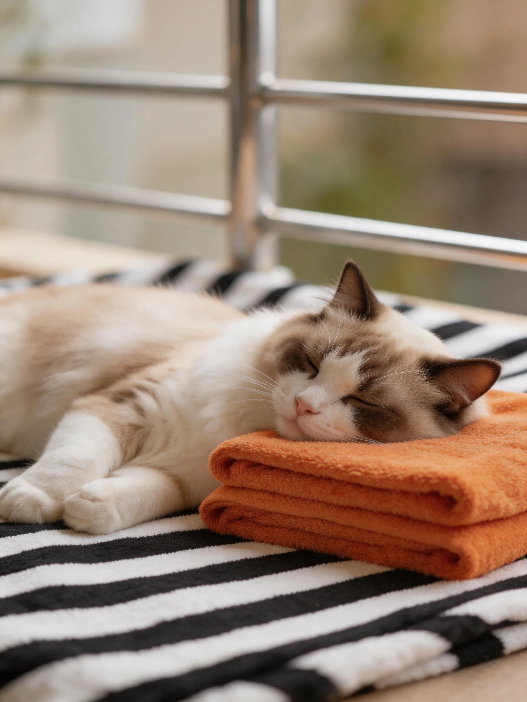 A cat sleeps on orange towels on a black - white striped cloth near a metal railing.
