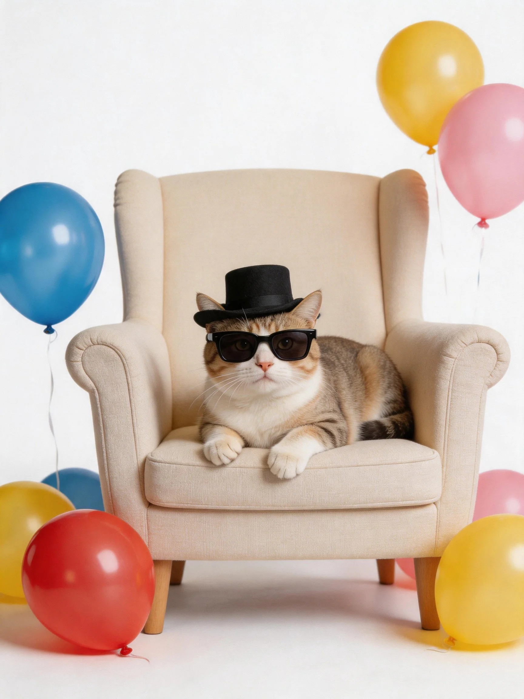 A cat wearing sunglasses and a top hat on a beige armchair with colorful balloons