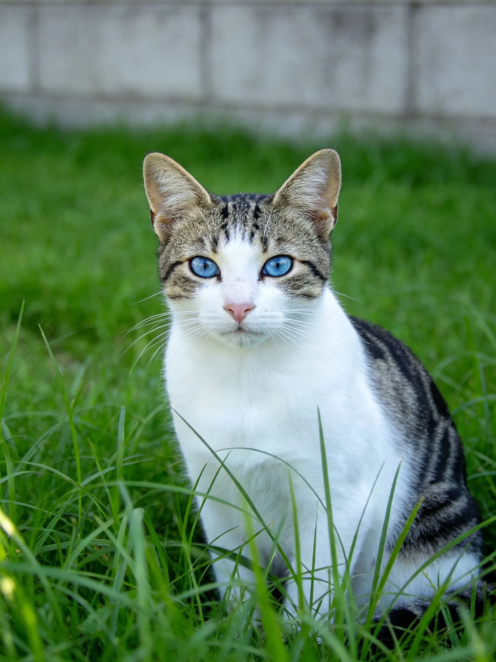 A cat with blue eyes sits calmly in the grassy area.