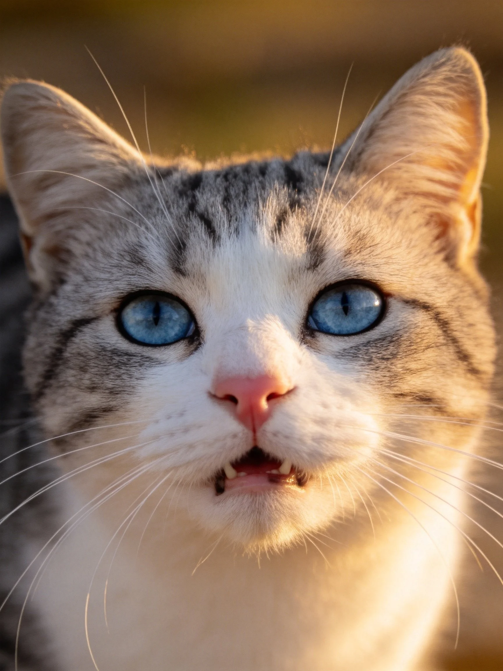 A cat with bright blue eyes and gray - white fur is shown up close.