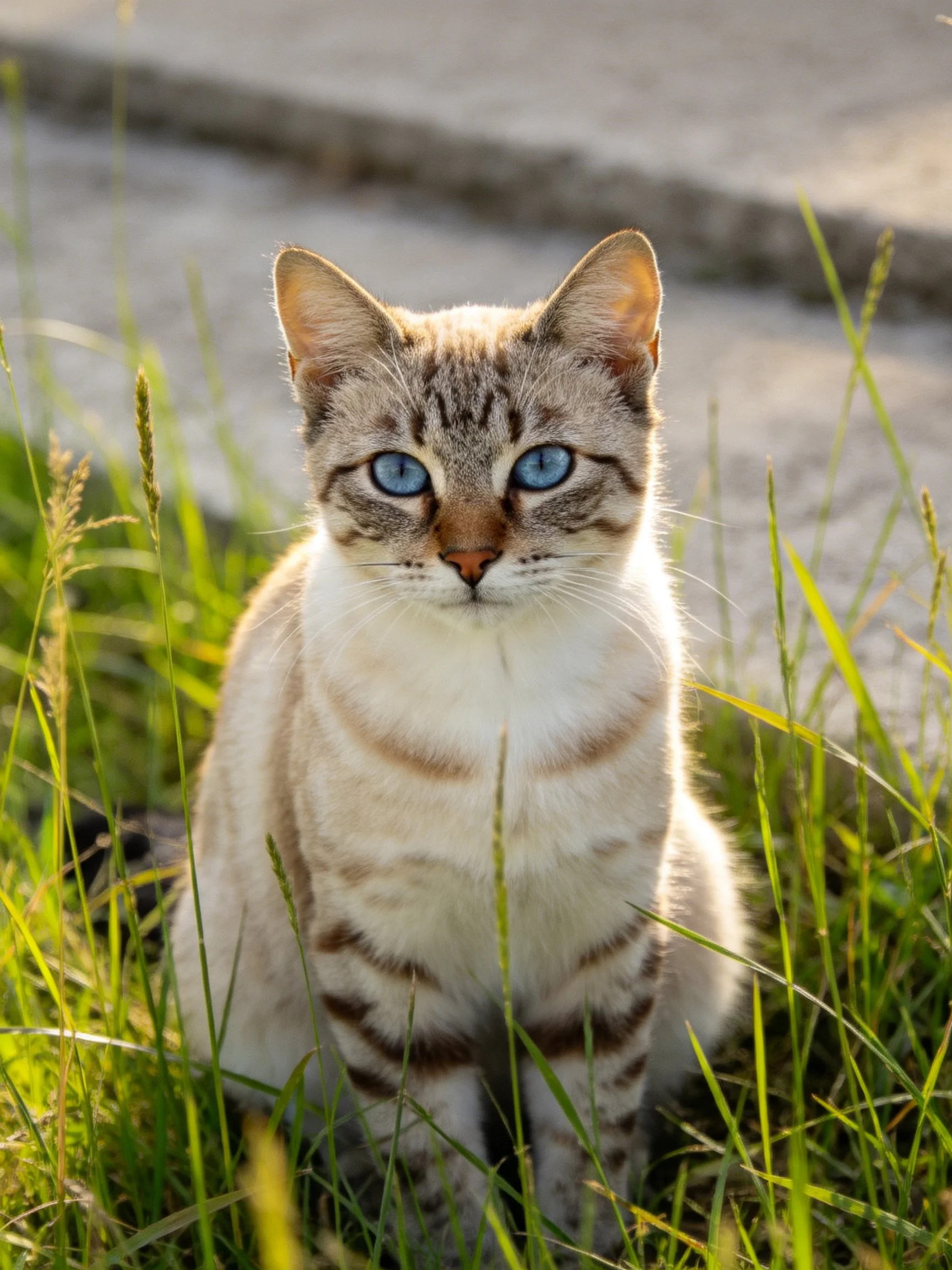 A cat with blue eyes sits peacefully in grass close to pavement.