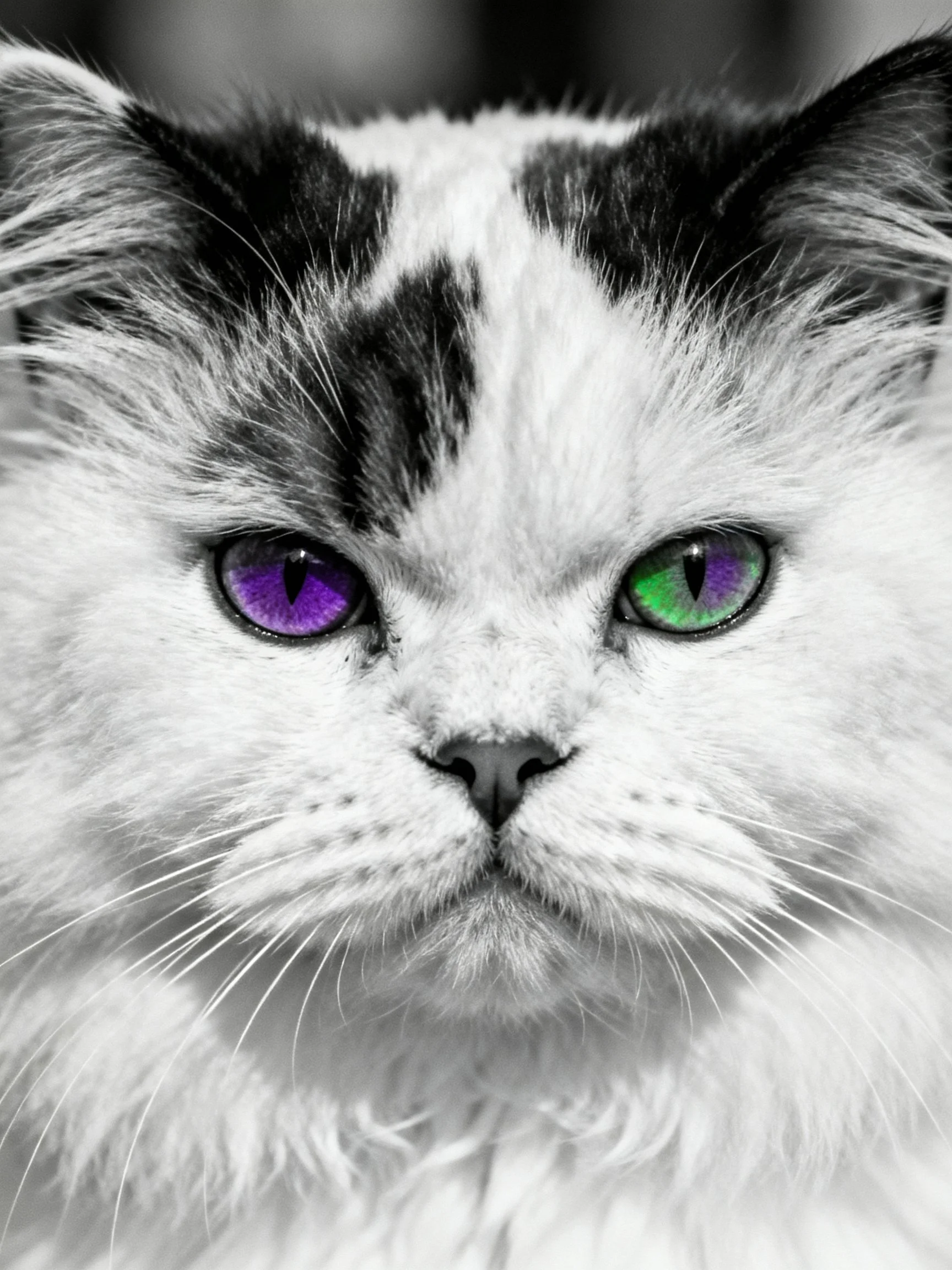 A cat with heterochromatic eyes, black and white fur