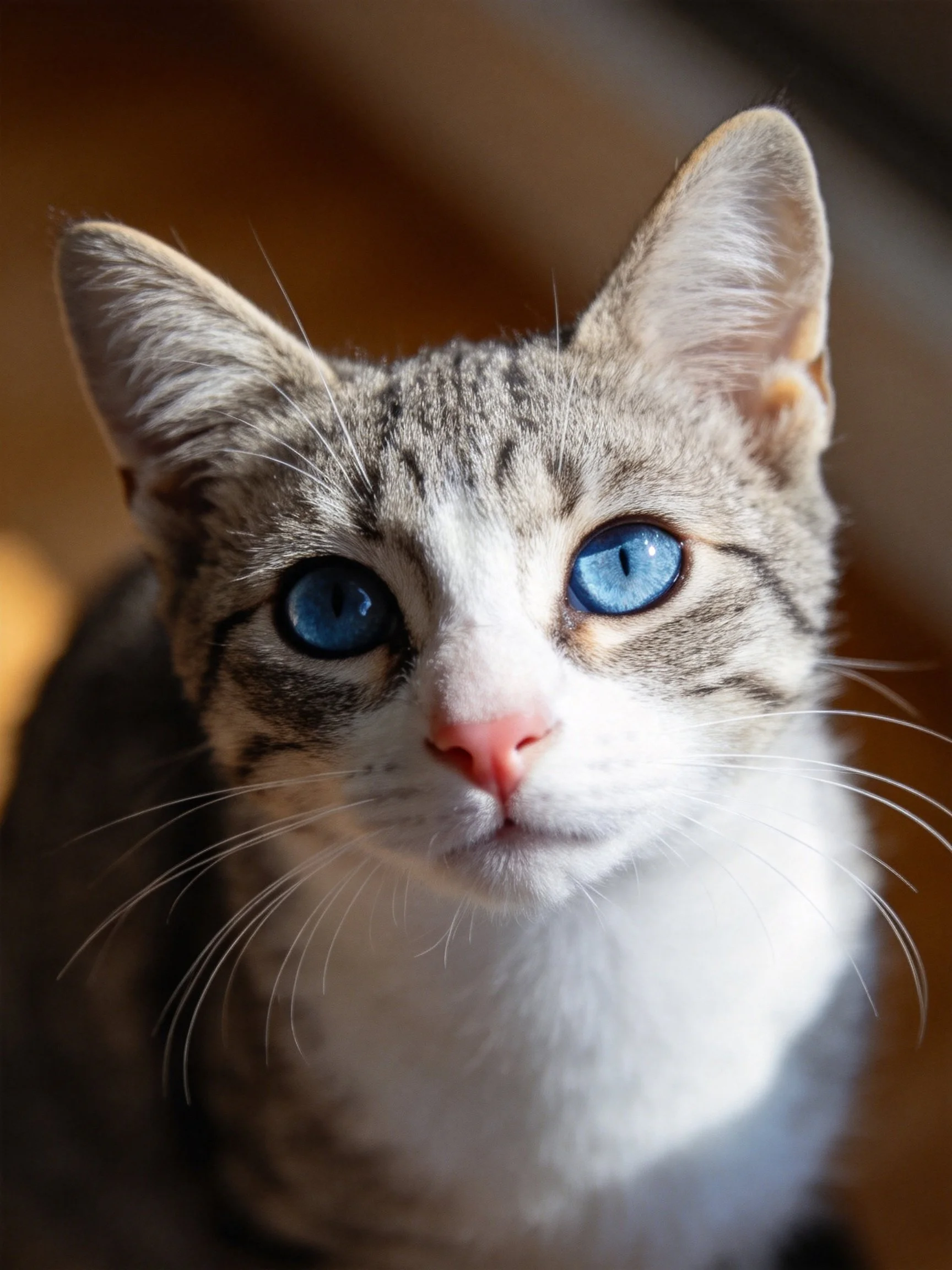 A close - up of a cat with blue eyes and gray - white fur.