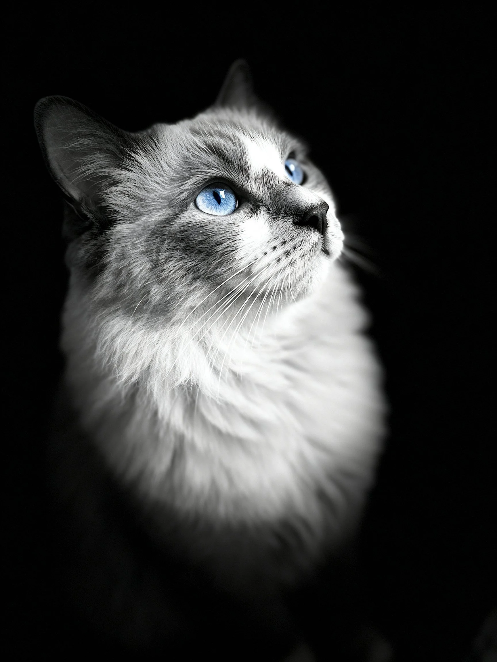 A cat with vivid blue eyes and soft gray fur against a stark black background.