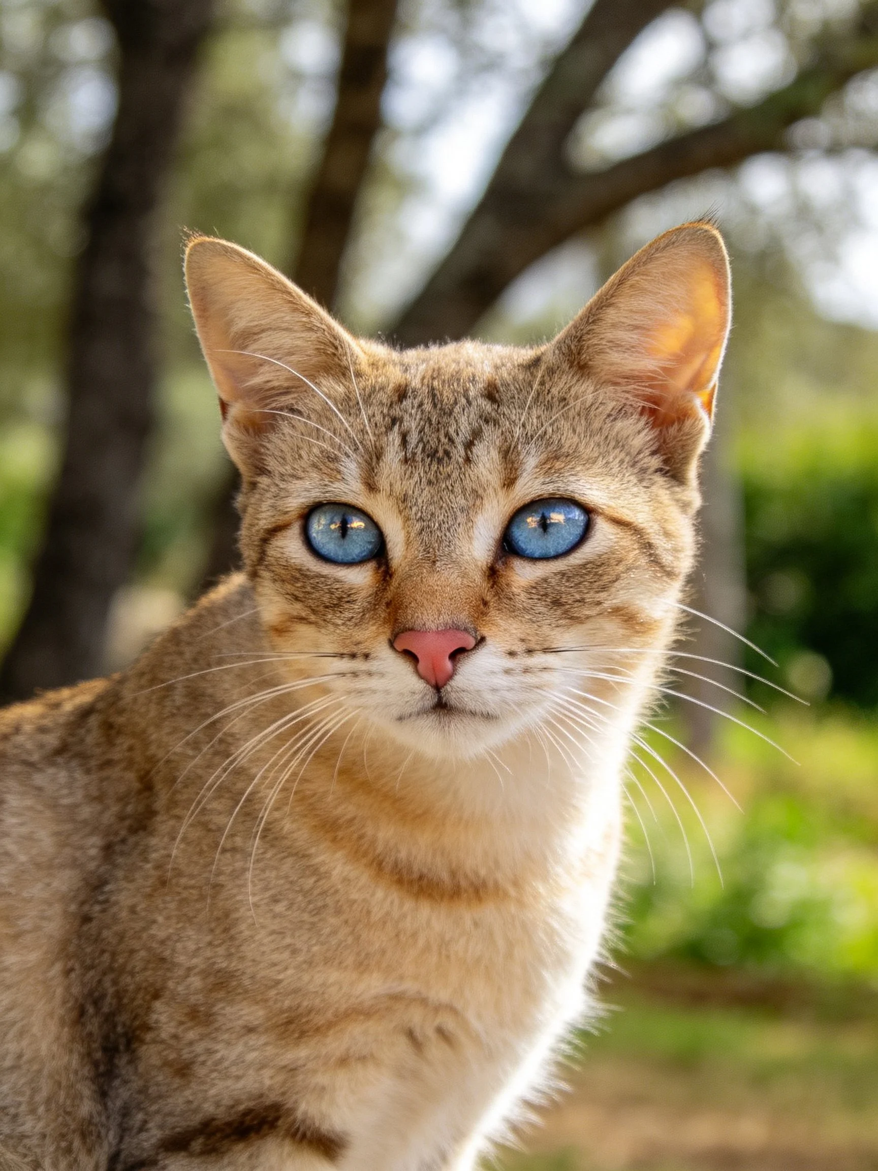 A cat with vivid blue eyes and tan fur near trees