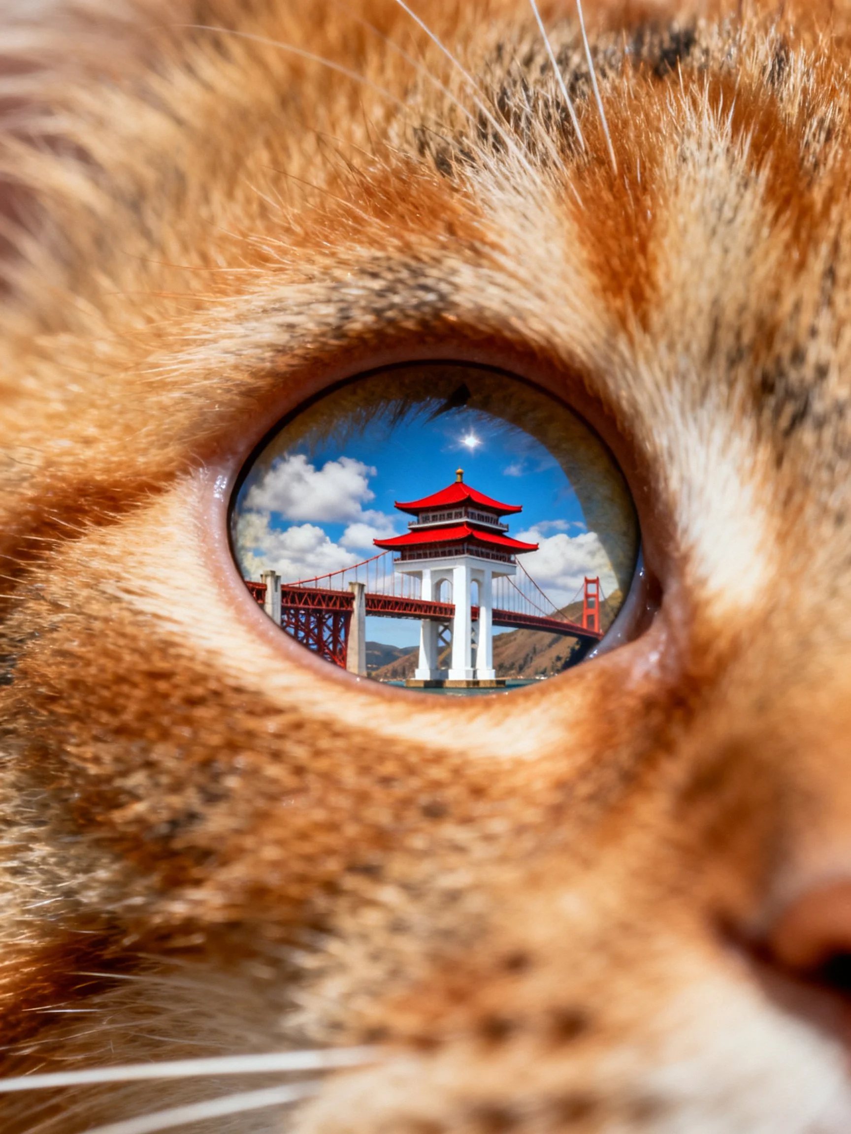 A cat’s eye serves as a lens for a pagoda and bridge scene