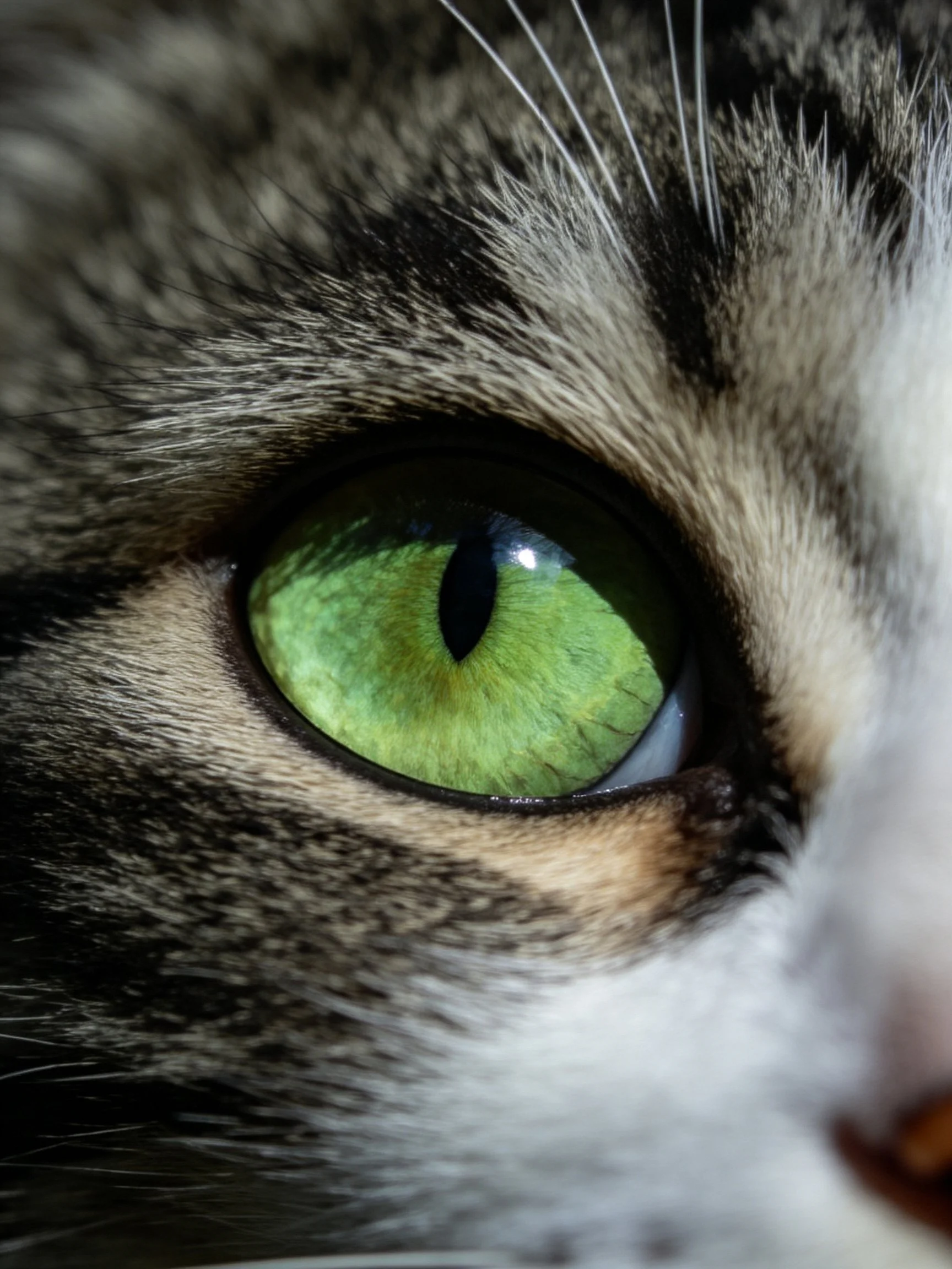 A cats vibrant green eye with striped fur and whiskers