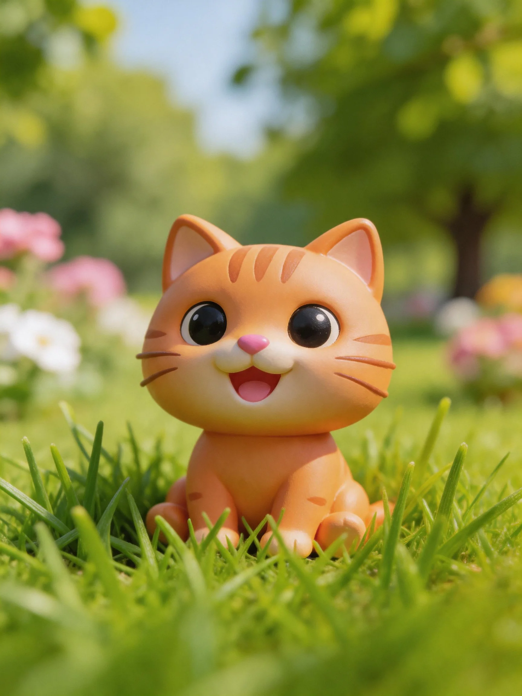A cheerful orange cat figurine sitting on lush green grass