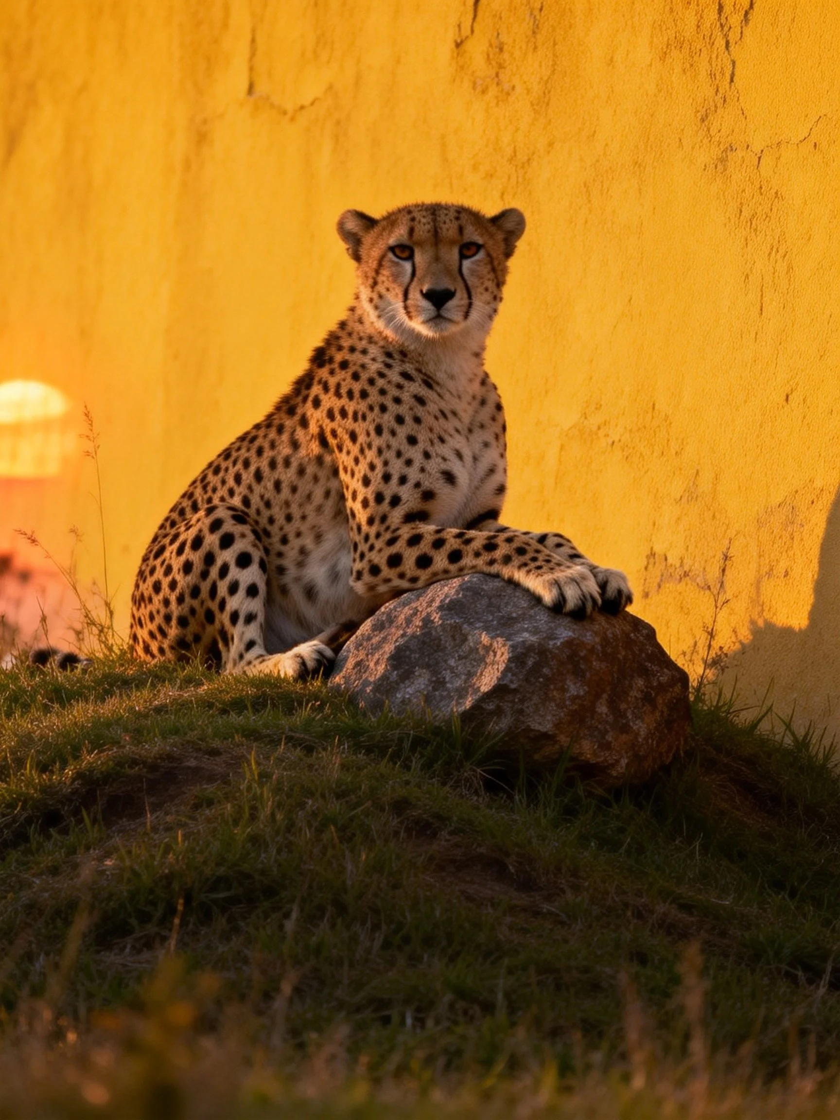 A cheetah sits atop a rock beside a yellow wall in golden light