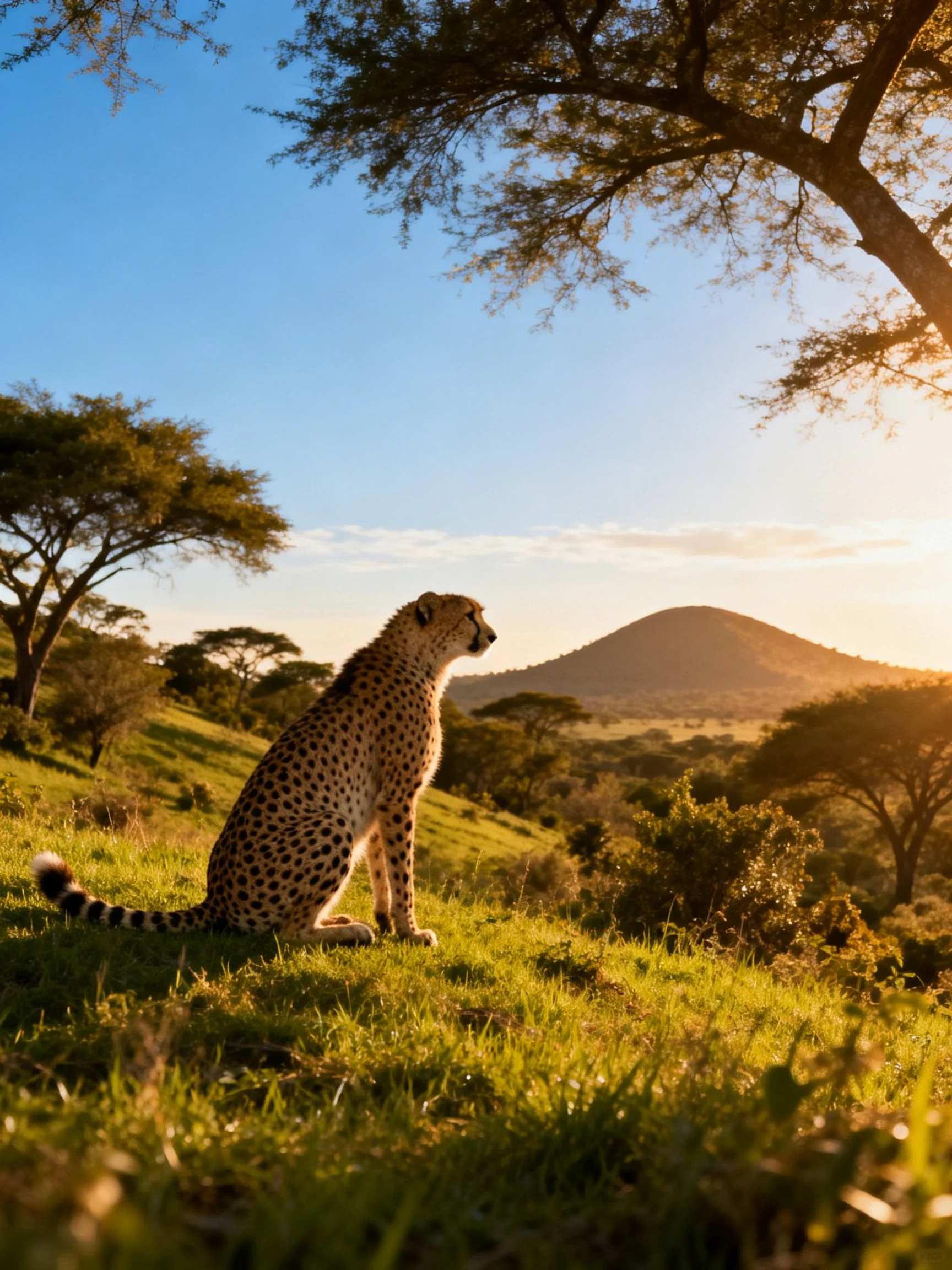A cheetah sits on a sunlit savannah hillside with acacia trees