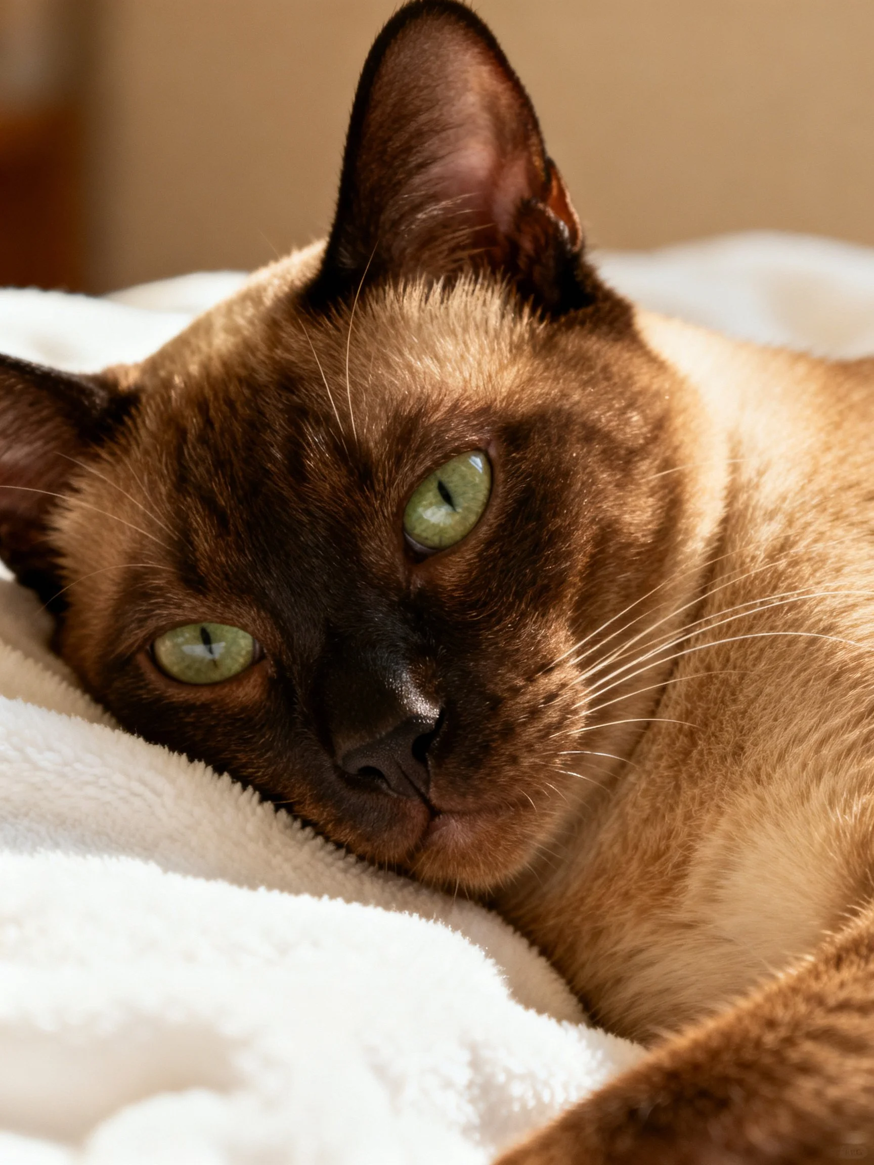 A chocolate-brown Siamese cat rests on a soft white towel