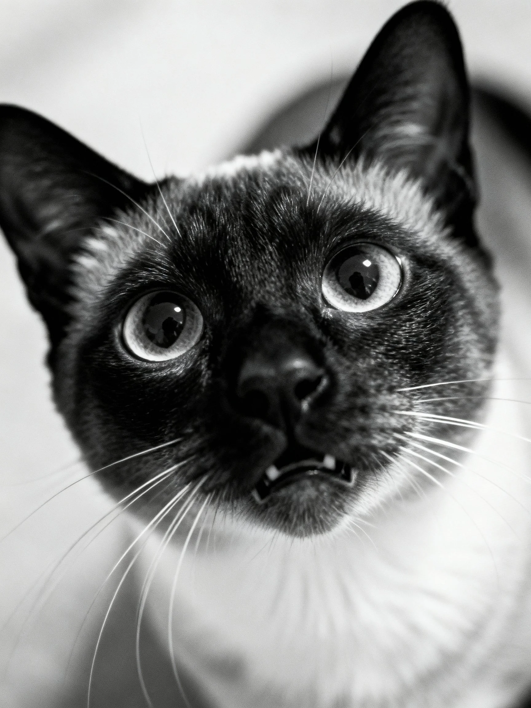 A close - up black and white portrait of a Siamese cat with wide eyes