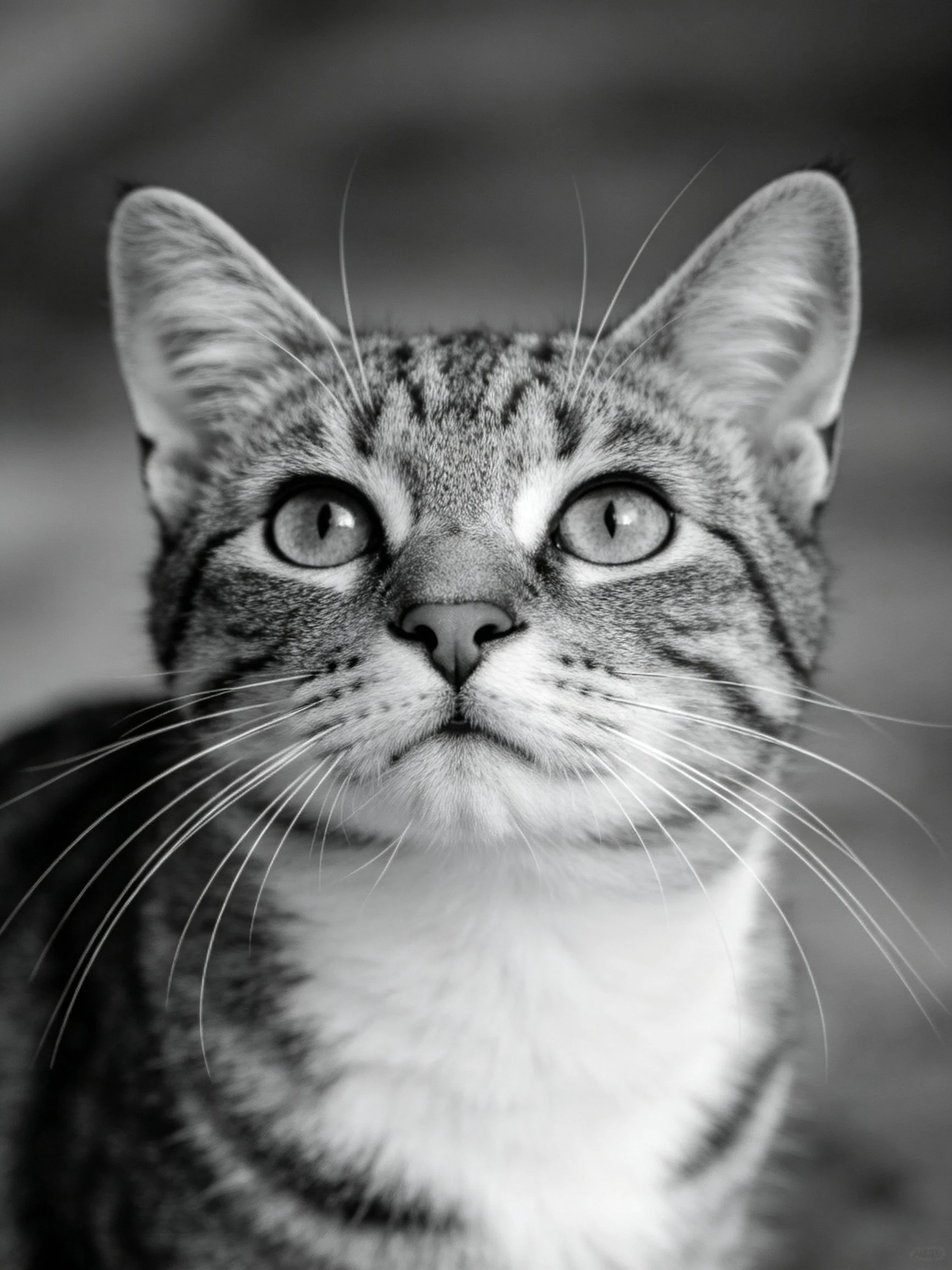 A close - up black - and - white portrait of a tabby cat