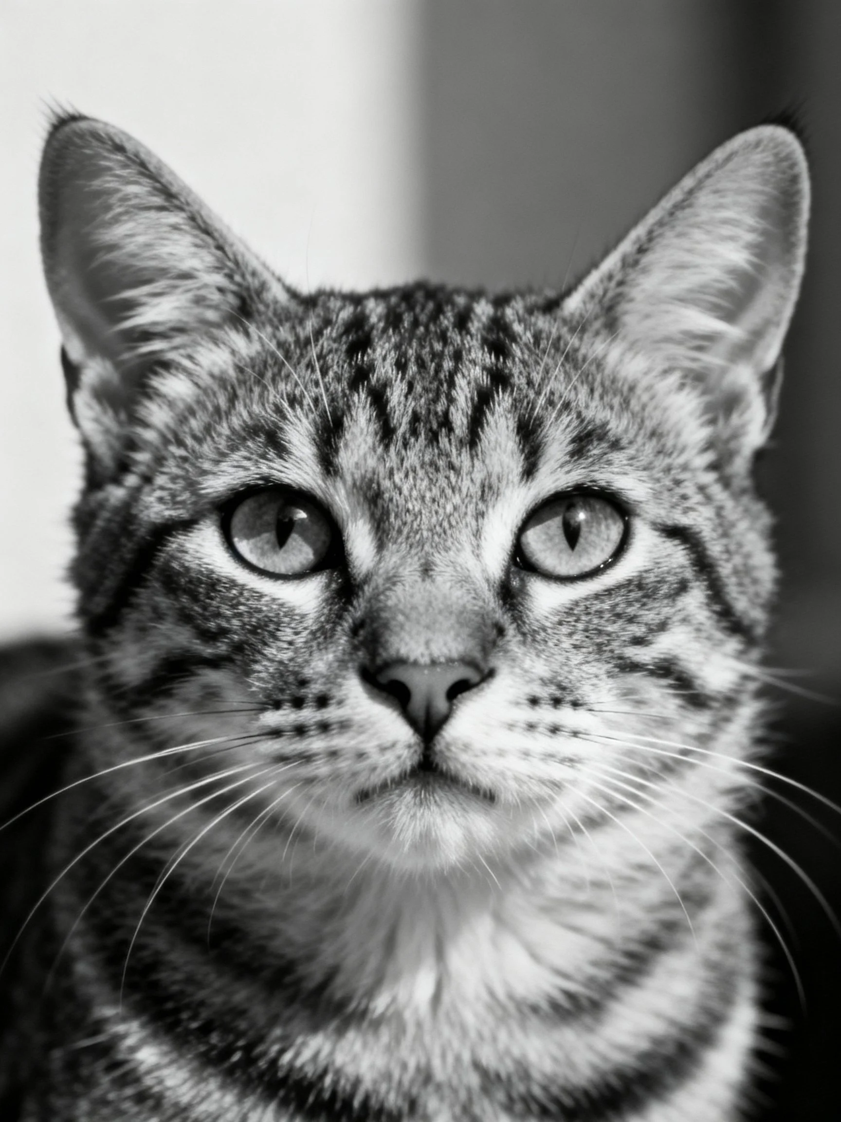 A close - up black and white portrait of a tabby cat