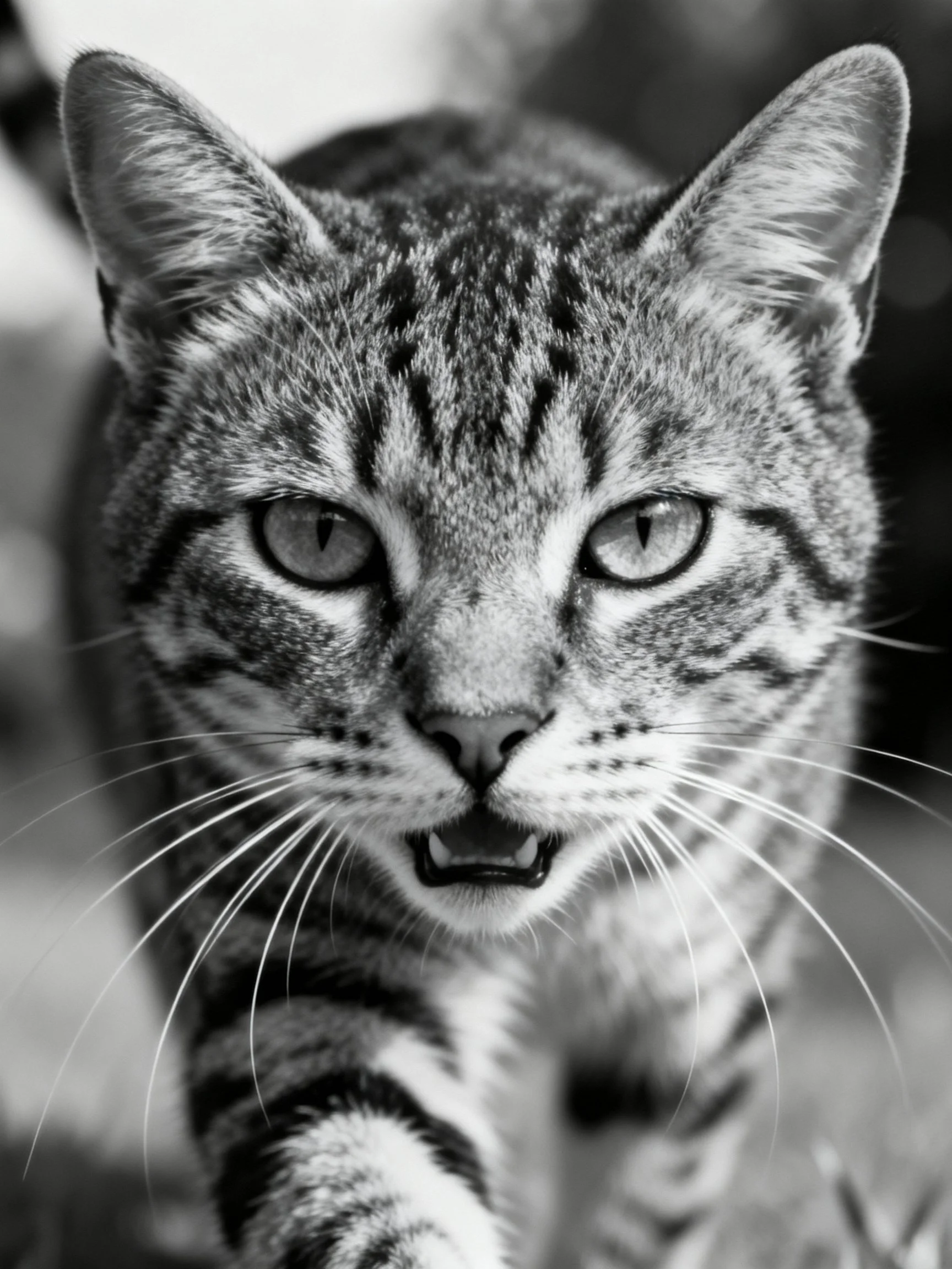 A black and white close - up of a tabby cat featuring its striped fur and facial details.