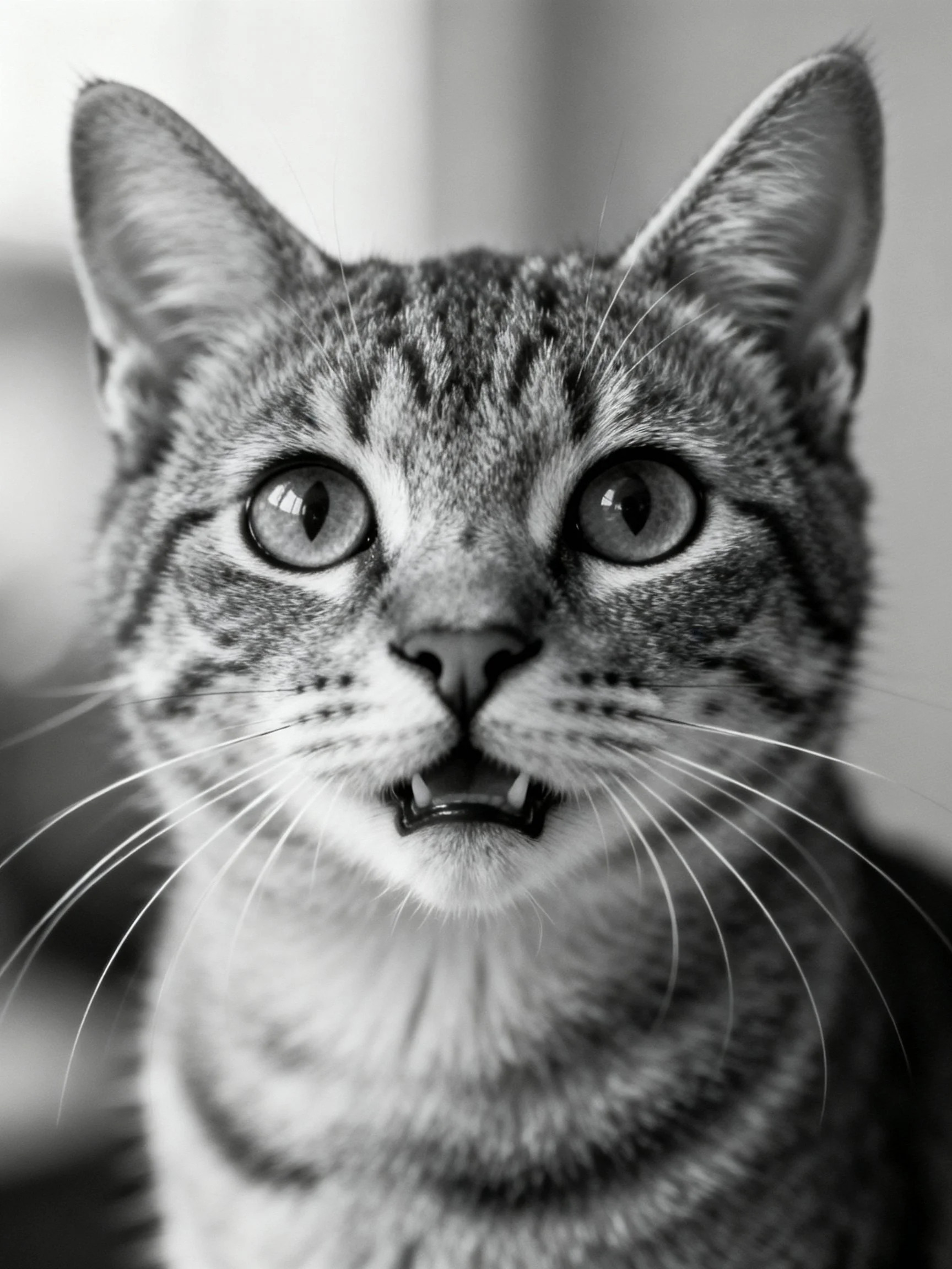 A close - up black and white tabby cat with wide eyes