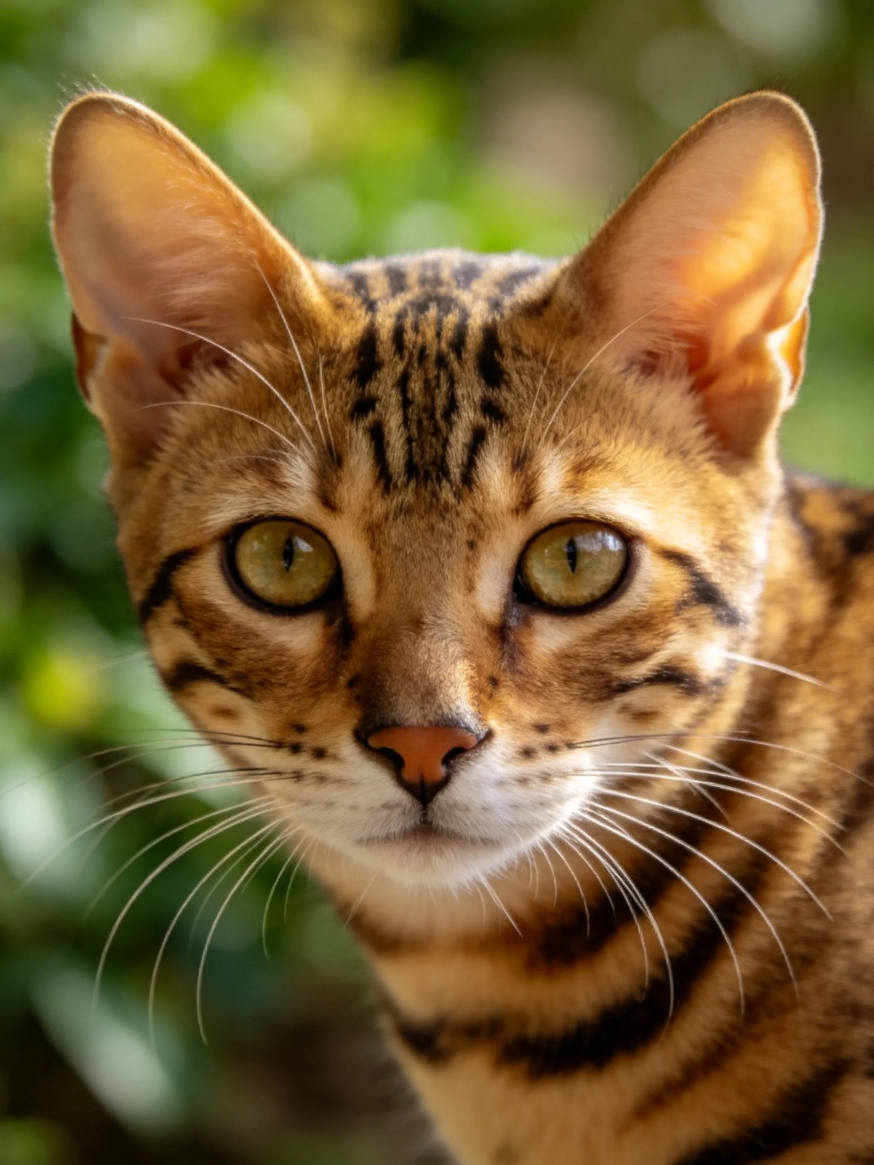 A Bengal cat with golden - brown and black spots is photographed up close near a blurred green environment.