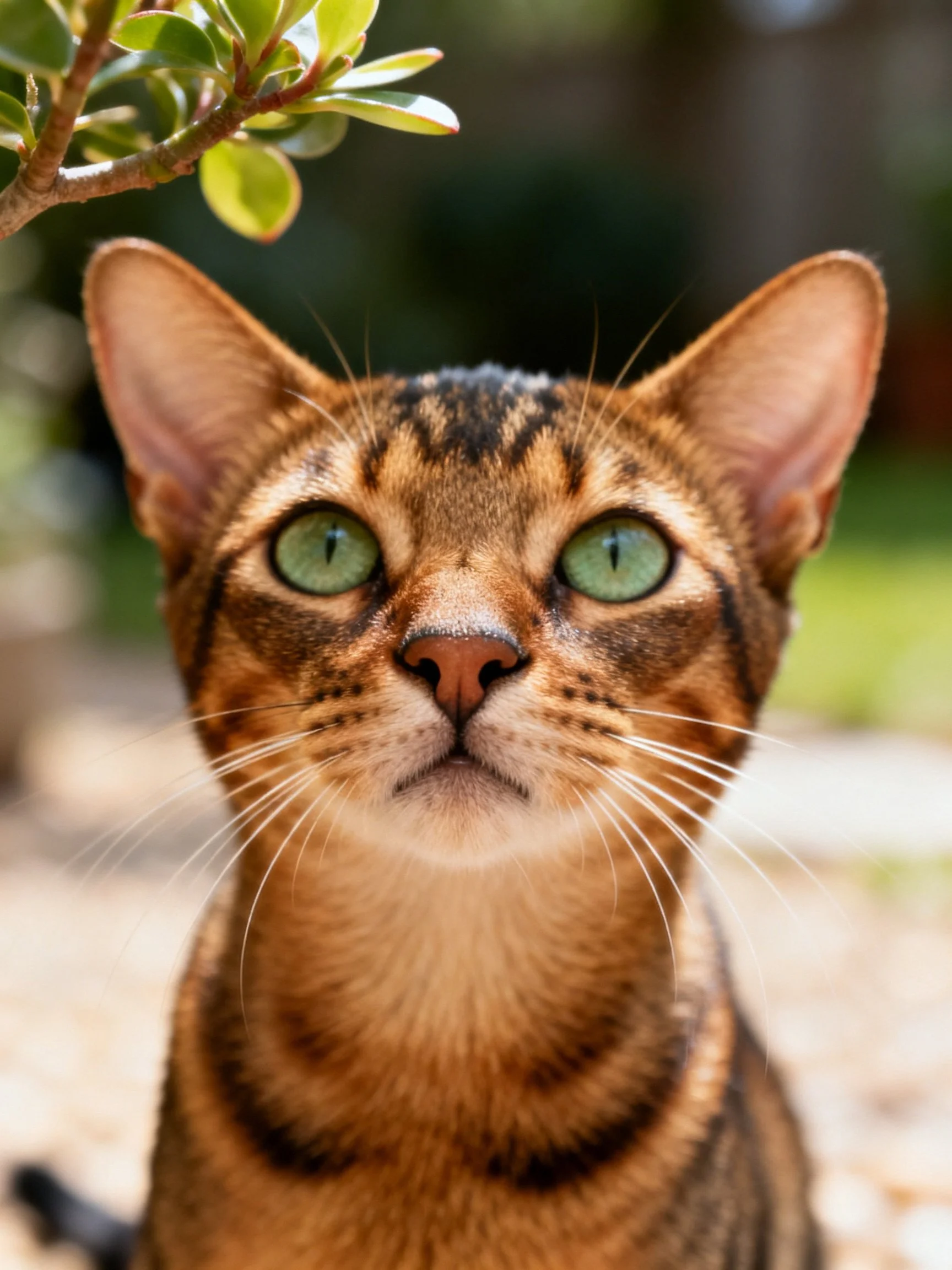 A close - up of a Bengal cat with green eyes and striped fur near foliage