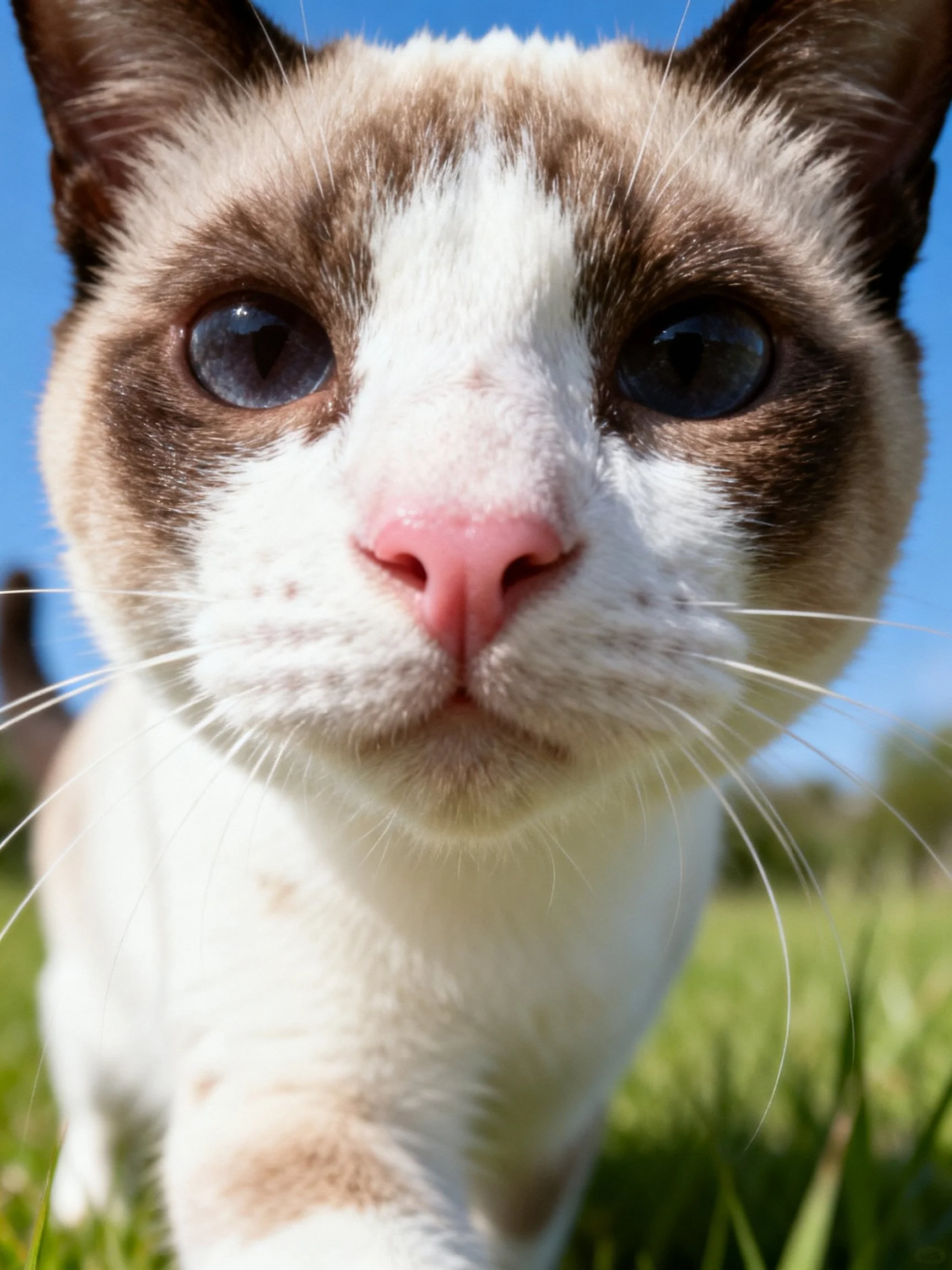 A Siamese cat with blue eyes and pink nose is photographed up close outdoors.