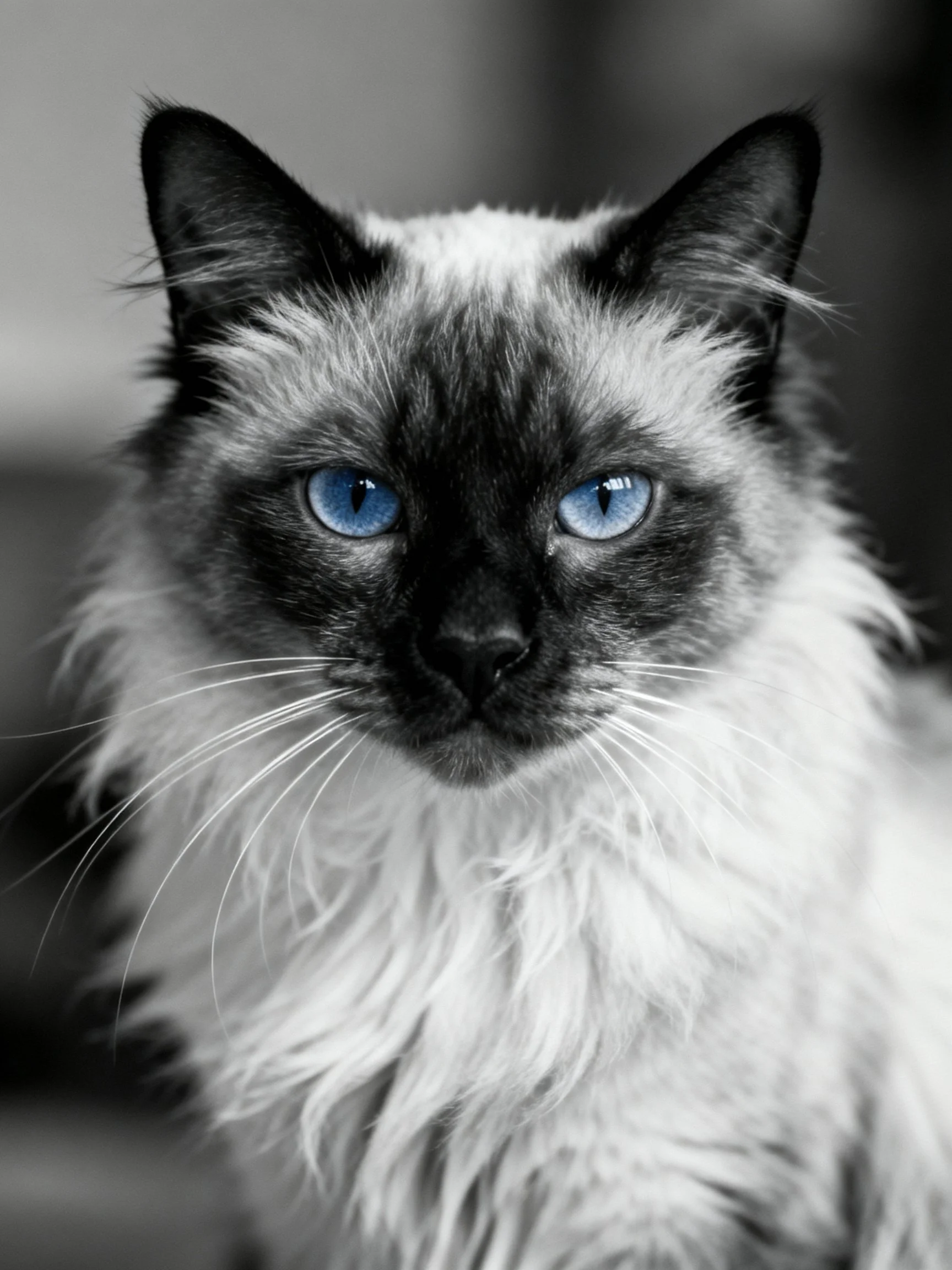 A close - up of a Siamese cat with bright blue eyes and contrasting fur patterns