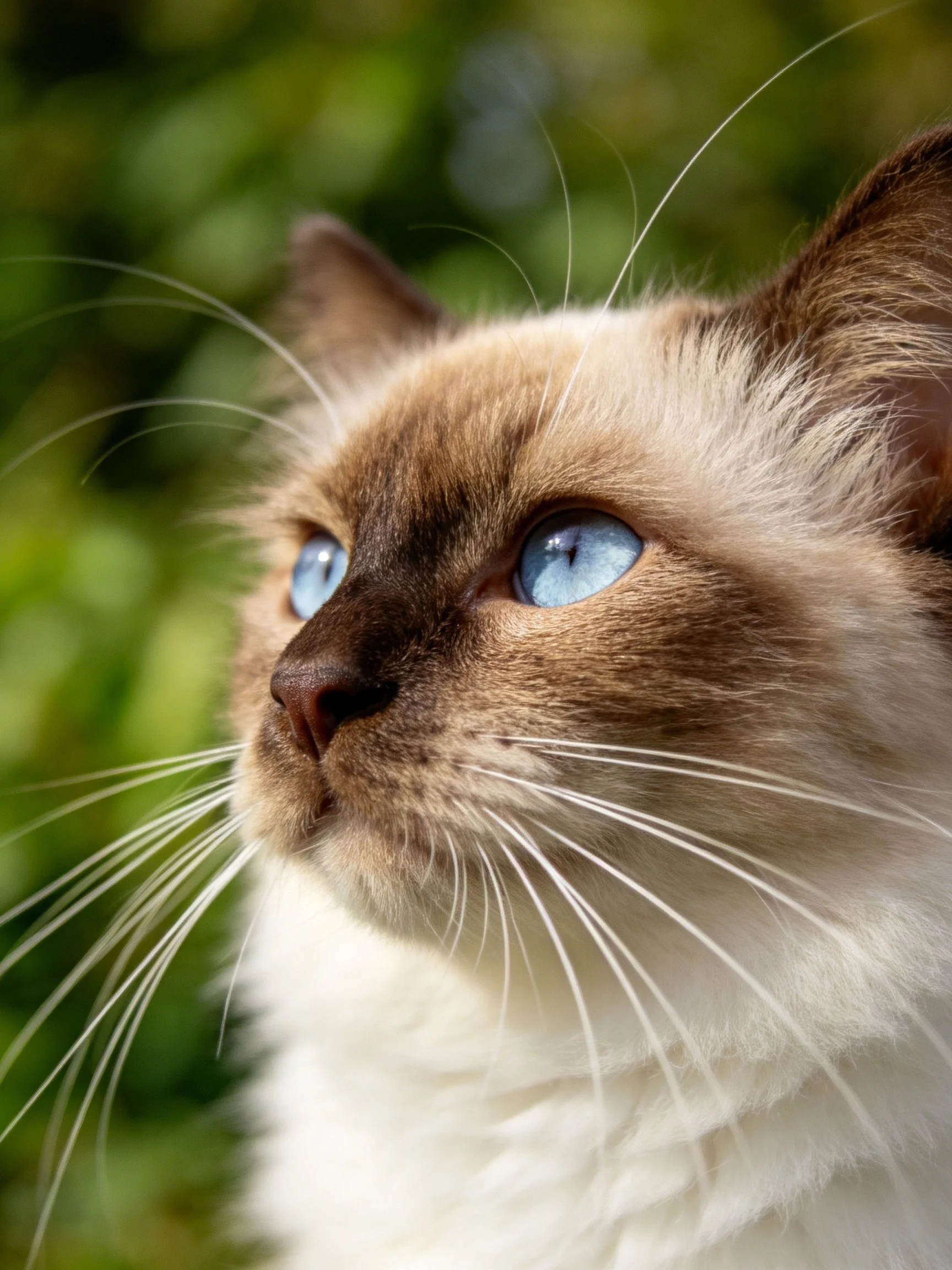 A close - up of a Siamese cat with bright blue eyes and long whiskers.
