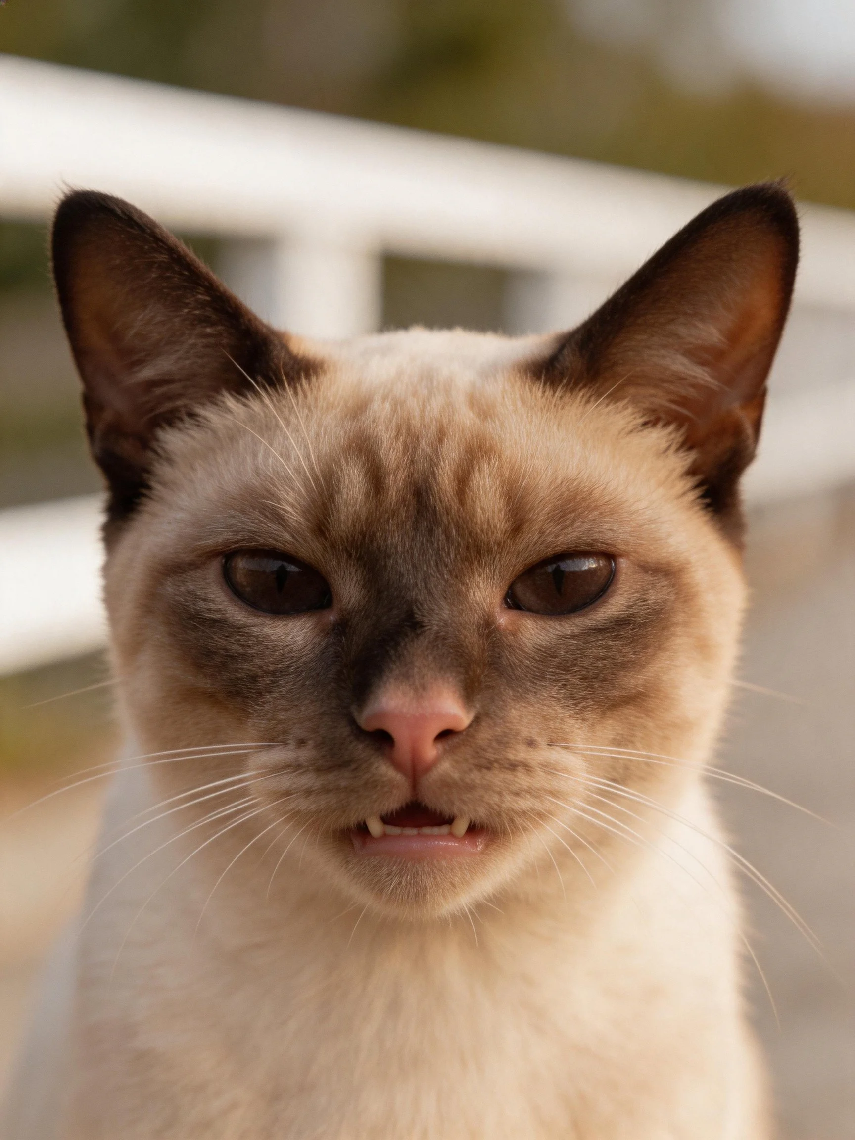 A Siamese cat with cream and dark brown markings is photographed up close.