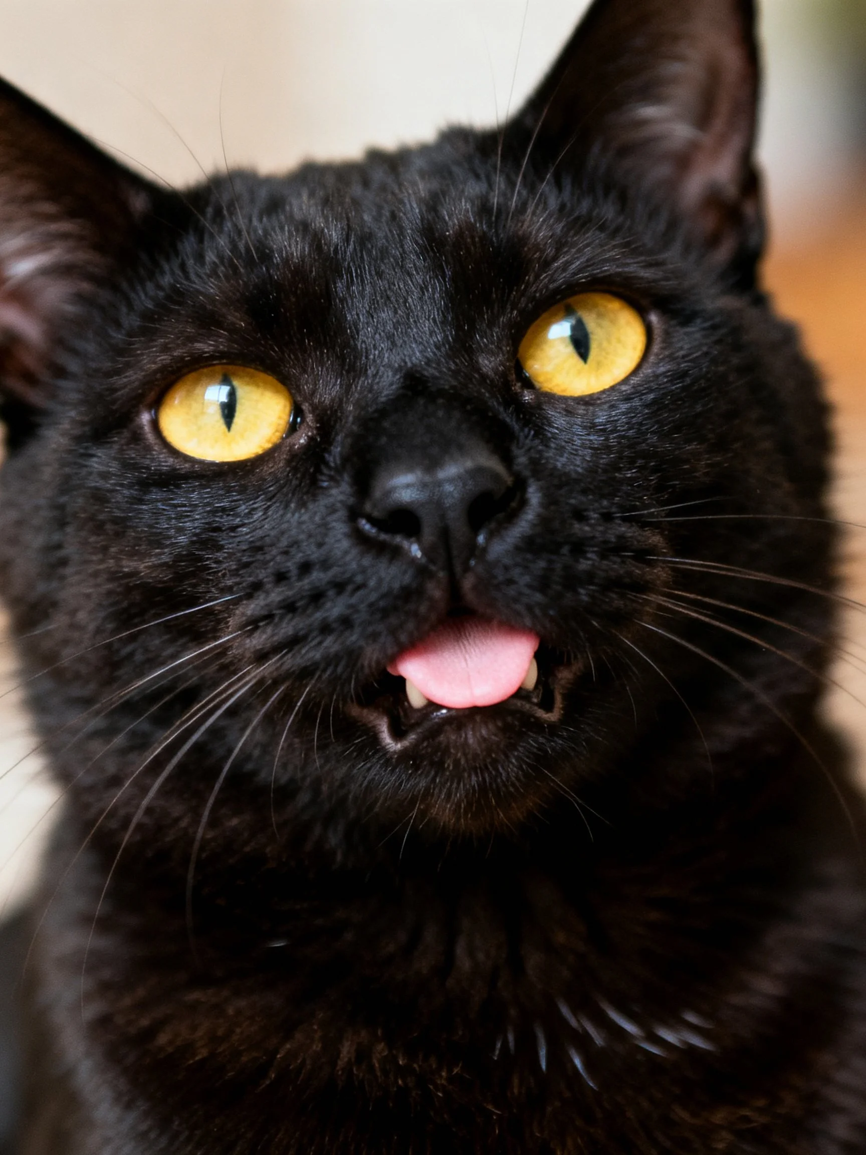 A black cat with bright yellow eyes is photographed closely.