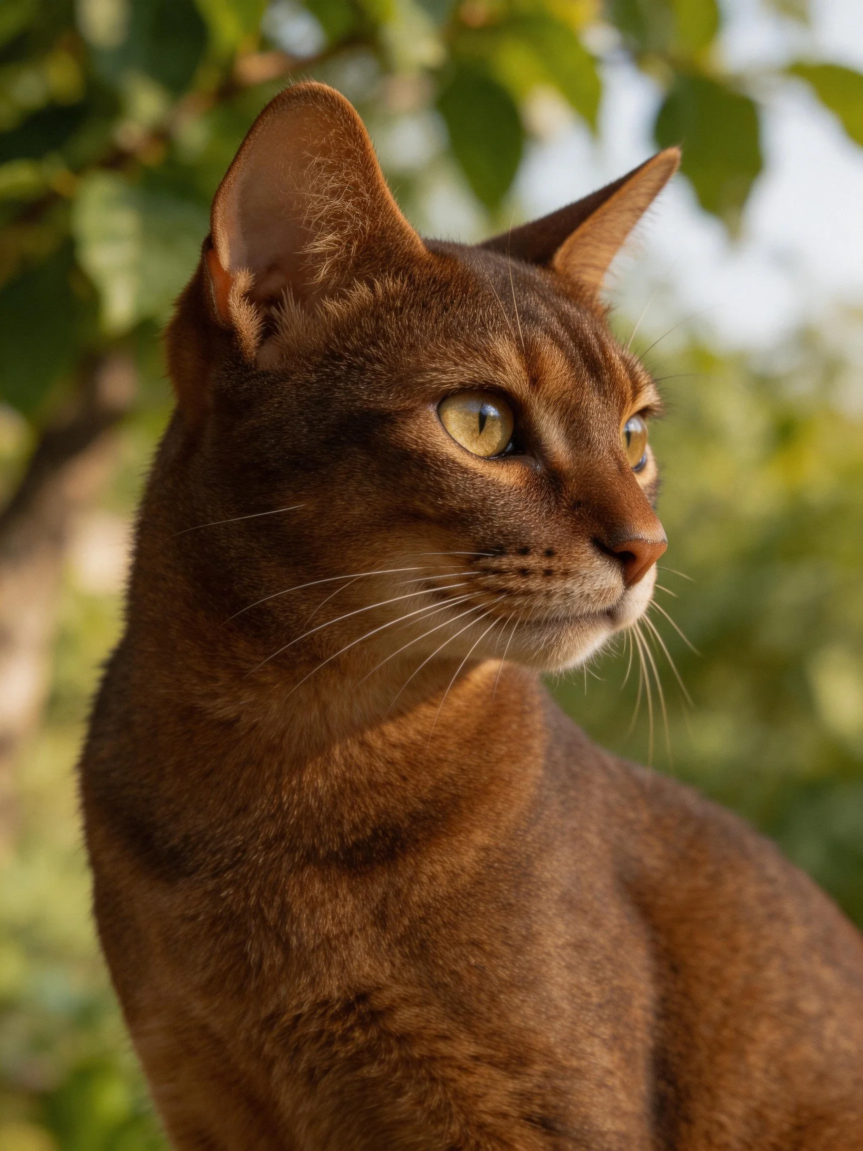 A close - up of a brown Abyssinian cat with green eyes outdoors