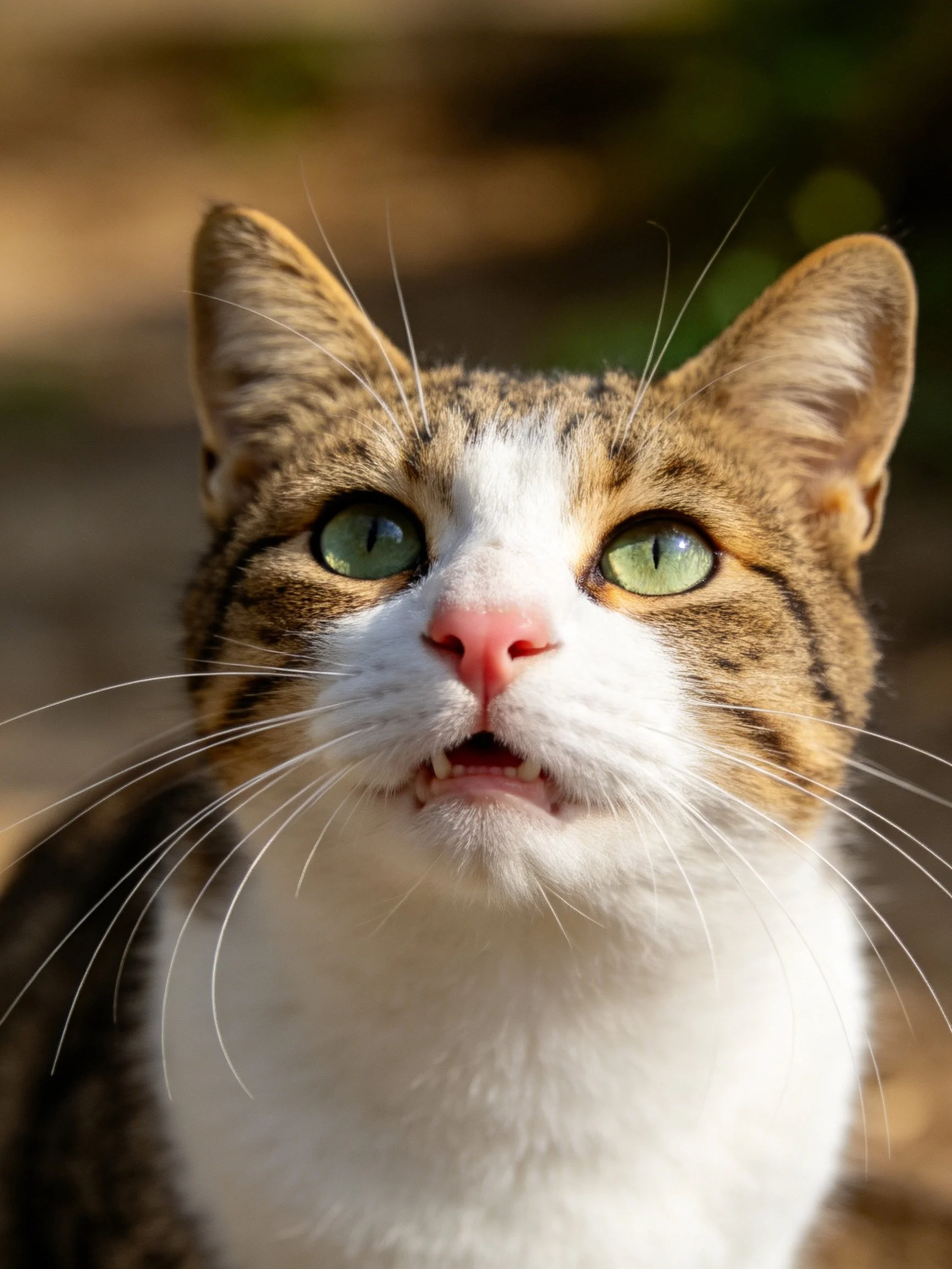 A close - up of a brown and white cat with green eyes.