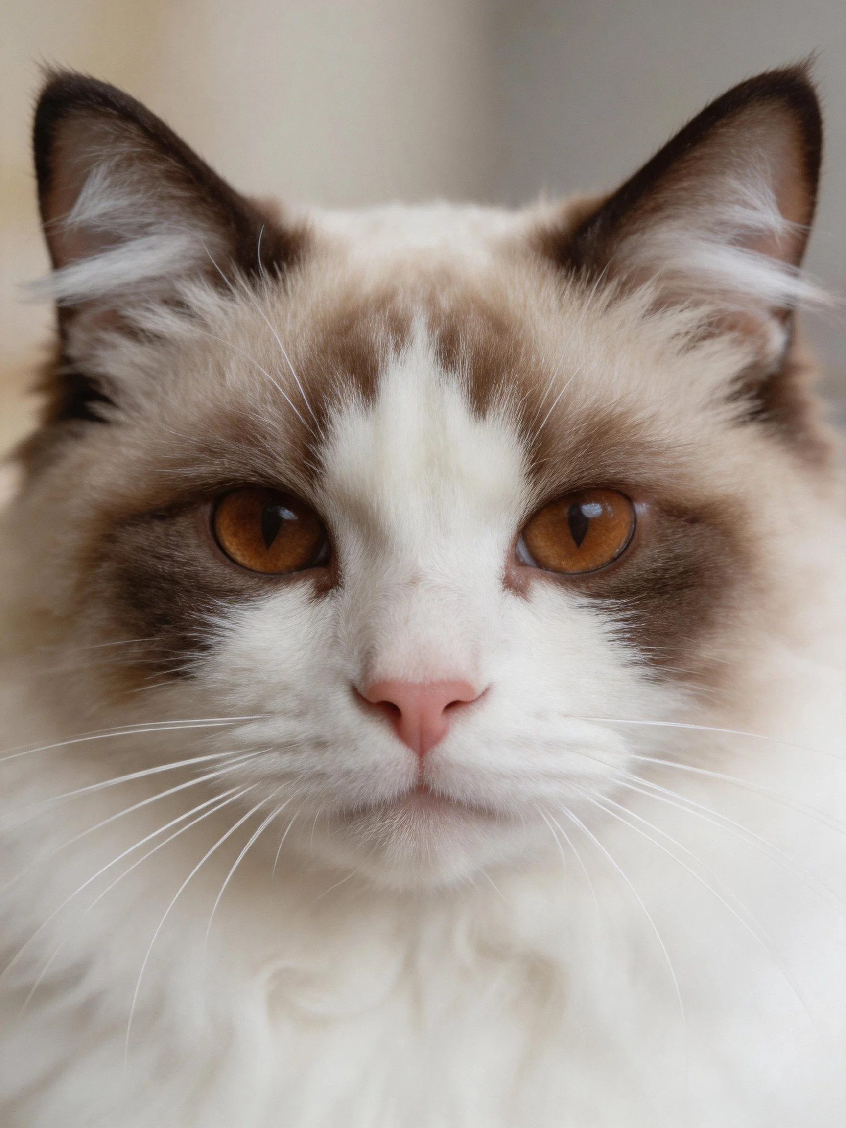 A close - up of a brown and white long - haired cat with amber eyes