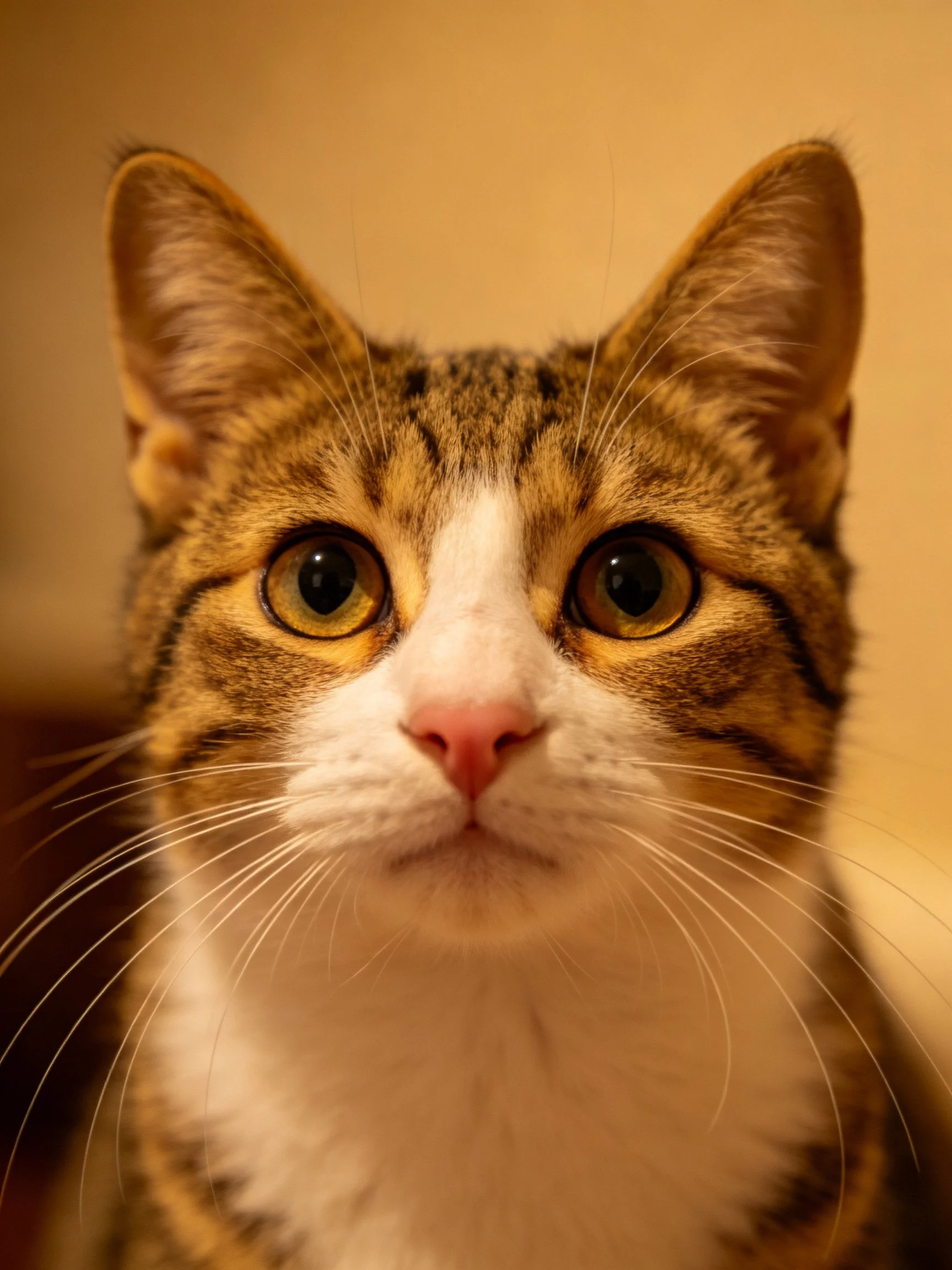 A close - up of a brown and white tabby cat with large expressive eyes.