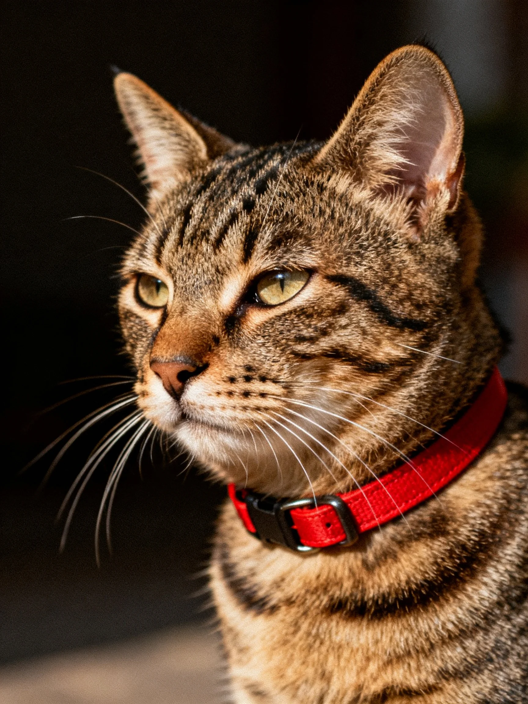 A close-up of a brown tabby cat wearing a bright red collar